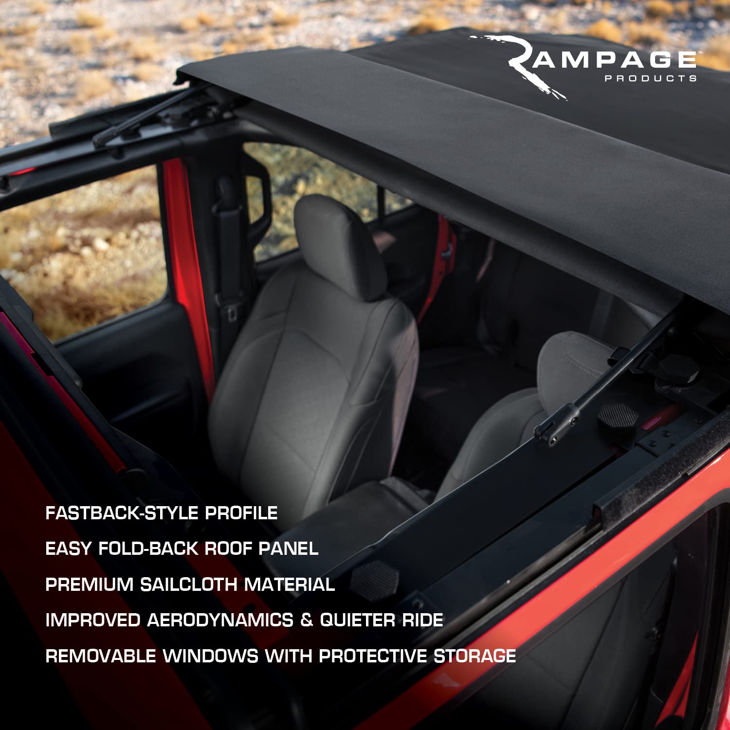TrailView Fastback Soft Top RAMPAGE PRODUCTS for Jeep Wrangler JL | Black Diamond, Vinyl | 139435 | Fits 2018-2025 Jeep Wrangler JLU Rubicon/Sahara/Sport S/Sport 4-Door
