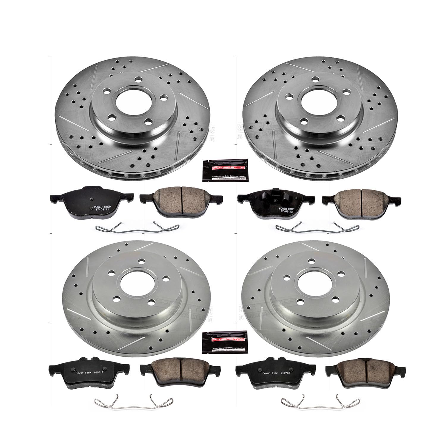 Power Stop K7635 Z23 Carbon Fiber Brake Pads Front and Rear with Drilled & Slotted Brake Rotors Kit For Volvo C30 2012-2013, Volvo S40 2004-2011 [Model Specific]