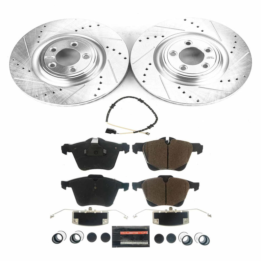Z23 Power Stop K8037 Front Brake Kit-Drilled/Slotted Brake Rotors & Carbon Ceramic Brake Pads and 1 Front Sensor Wire For Jaguar F-Type 2014-2021 [Model Specific]