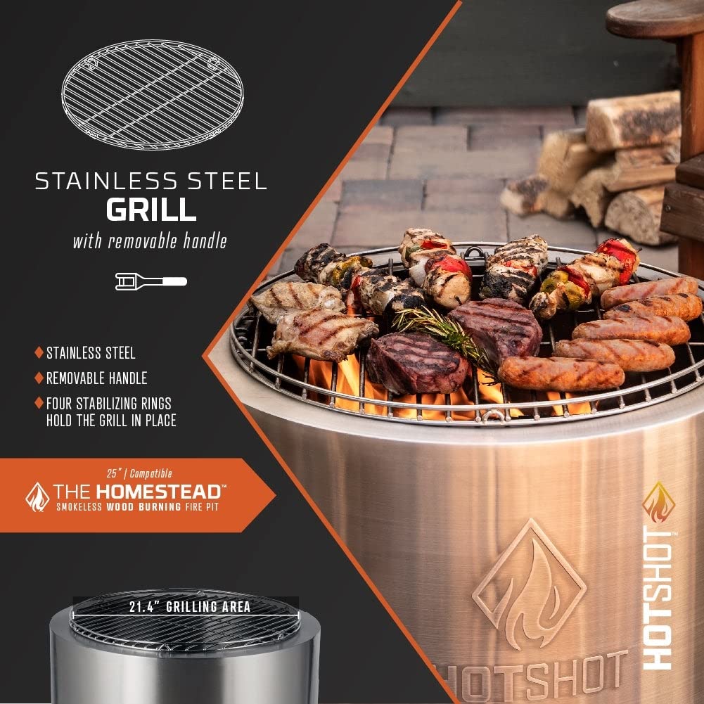 Hotshot 25" Wood Burning Fire Pit Grill Top Silver Round Stainless Steel