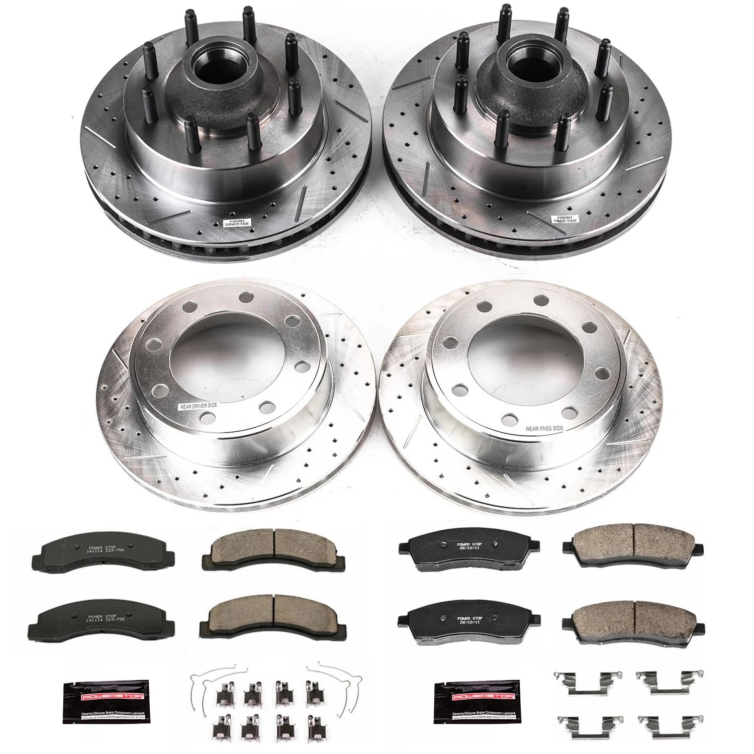 Power Stop K1393 Z23 Carbon Fiber Brake Pads Front and Rear with Drilled & Slotted Brake Rotors Kit For Ford Excursion, Ford F-250 Super Duty, Ford F-350 Super Duty [Model Specific]