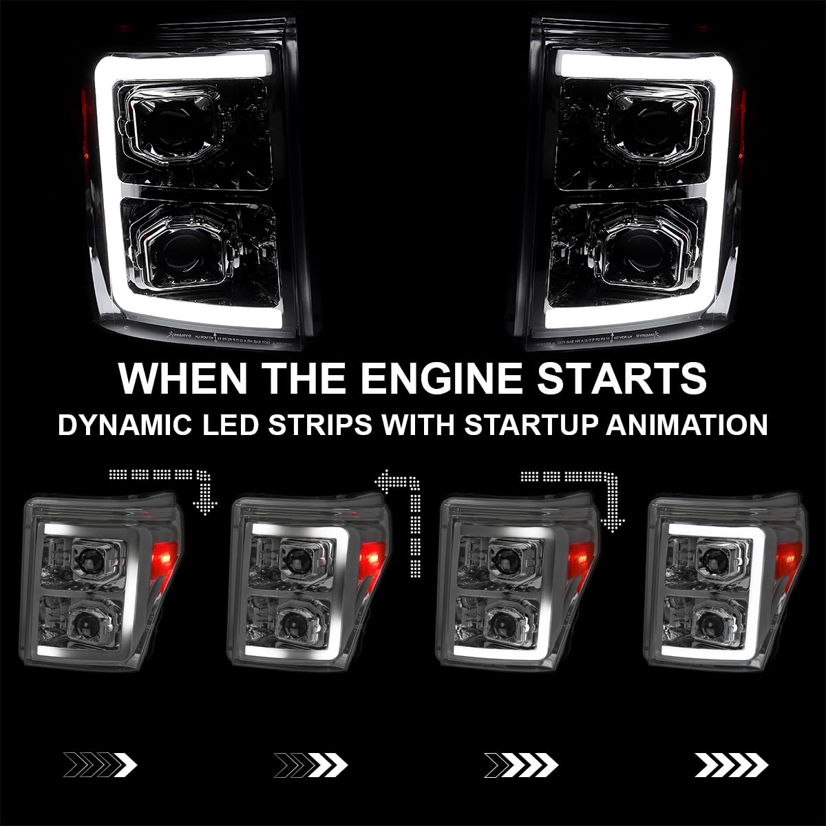 Chrome Projector Headlights SPEC-D TUNING w/Switchback Sequential LED Bar and Startup Animation Compatible with 2011-2016 Ford F250, F350, F450, F550 Super Duty, Left + Right Pair Headlamps Assembly