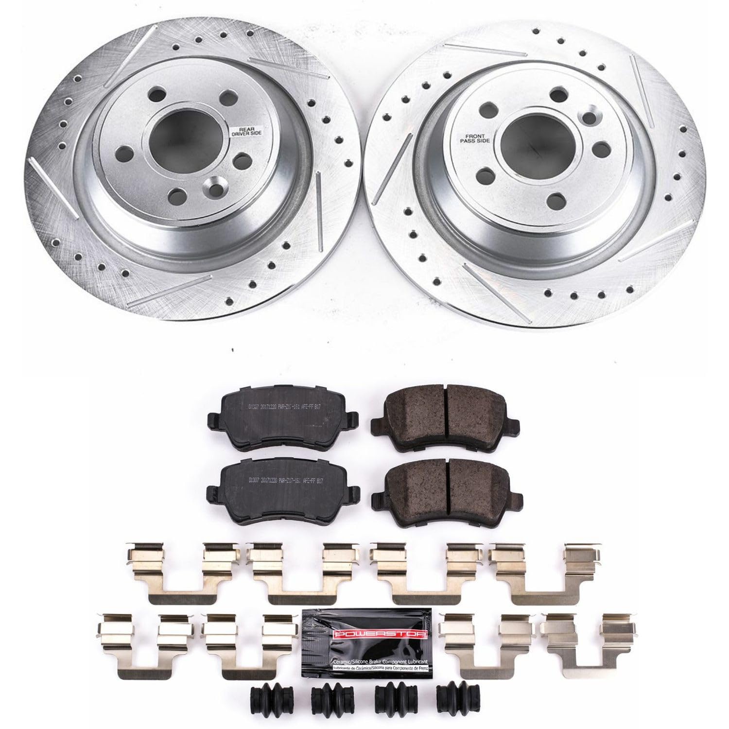 Power Stop K6293 Z23 Carbon Fiber Brake Pads Rear with Drilled & Slotted Brake Rotors Kit For Land Rover Range Rover Evoque 2012-2015 [Model Specific]