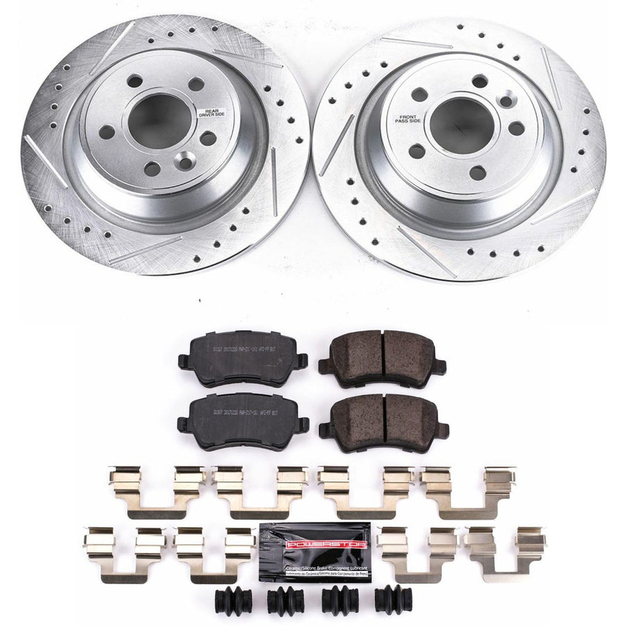 Power Stop K6293 Z23 Carbon Fiber Brake Pads Rear with Drilled & Slotted Brake Rotors Kit For Land Rover Range Rover Evoque 2012-2015 [Model Specific]