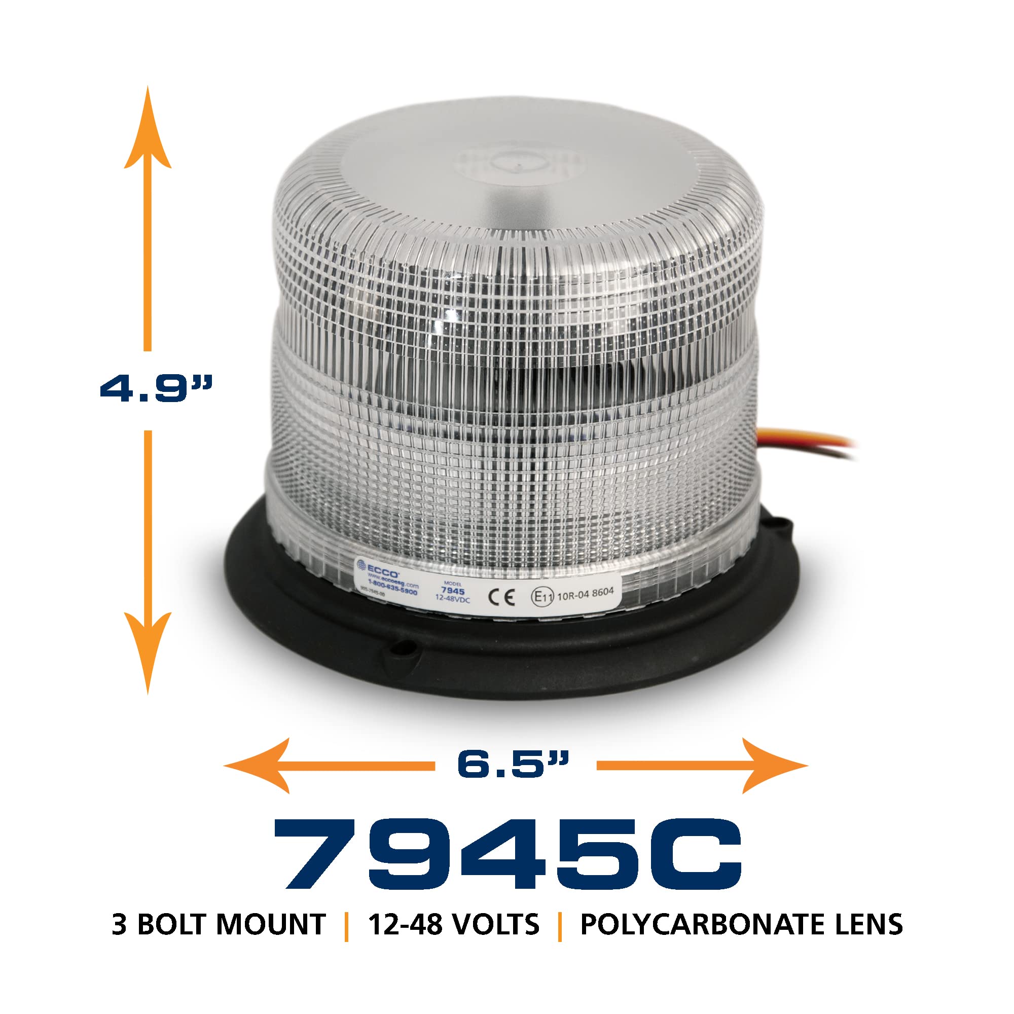 LED Beacon ECCO 5 Inch Warning Flash Clear Light 12V 24V for Industrial Vehicles Applications Tractor Forklift Excavator, 5 Year Warranty