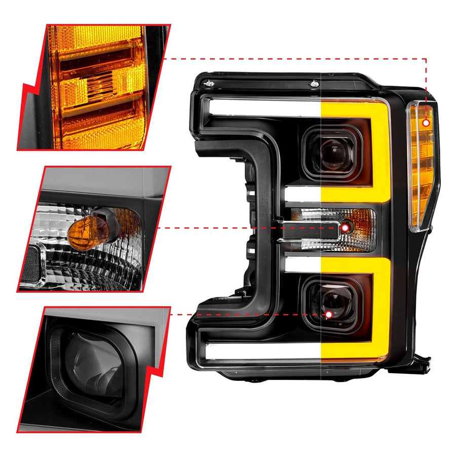 17-19 Ford F-250/350/450 SD ANZO (w/o Factory LED) LED Proj Headlights w/Light Bar Switchback Blk (111577)