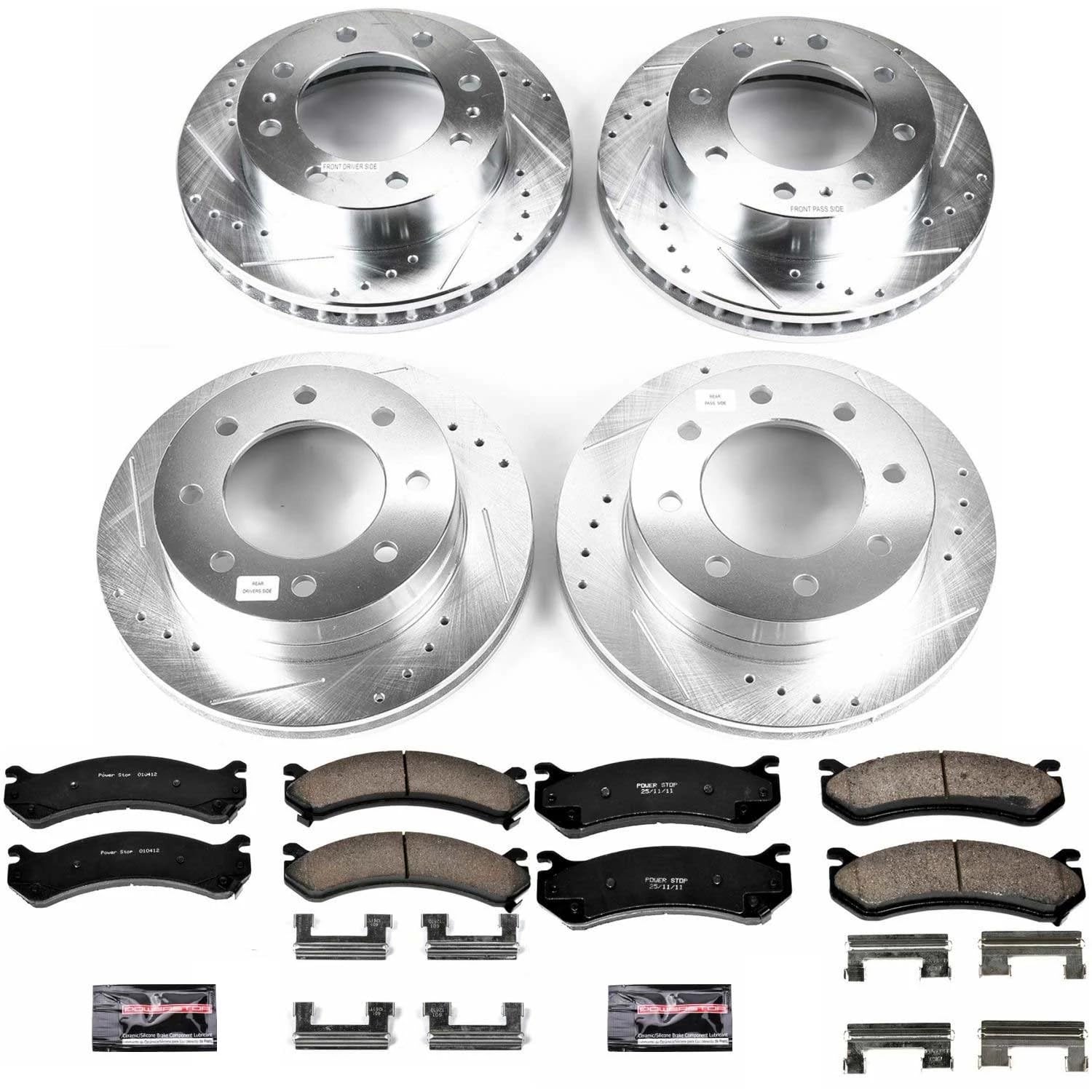 Power Stop K4423 Z23 Carbon Fiber Brake Pads Front and Rear with Drilled & Slotted Brake Rotors Kit For Chevrolet Silverado 2500 HD 2004, GMC Sierra 2500 HD 2004 [Model Specific]
