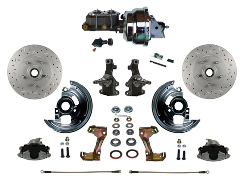Power Brakes Leed Front Disc Brake Conversion Kit 2" Drop Spindle Cross Drilled And Slotted Rotors With 8" Dual Chrome Booster Cast Iron Chrome Top M/C Adjustable Proportioning Valve