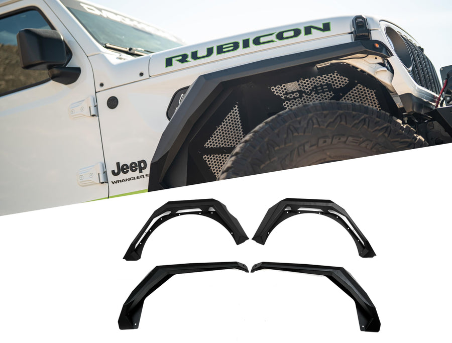 Armor Fender Flares DV8 Offroad for 2018-2025 Jeep Wrangler JL | Narrow Width | Rigid Armor-Plated Steel Design | (2) Amber Turn Signals | Paintable Mesh Aluminum Accent Panels | Powder Coated Black