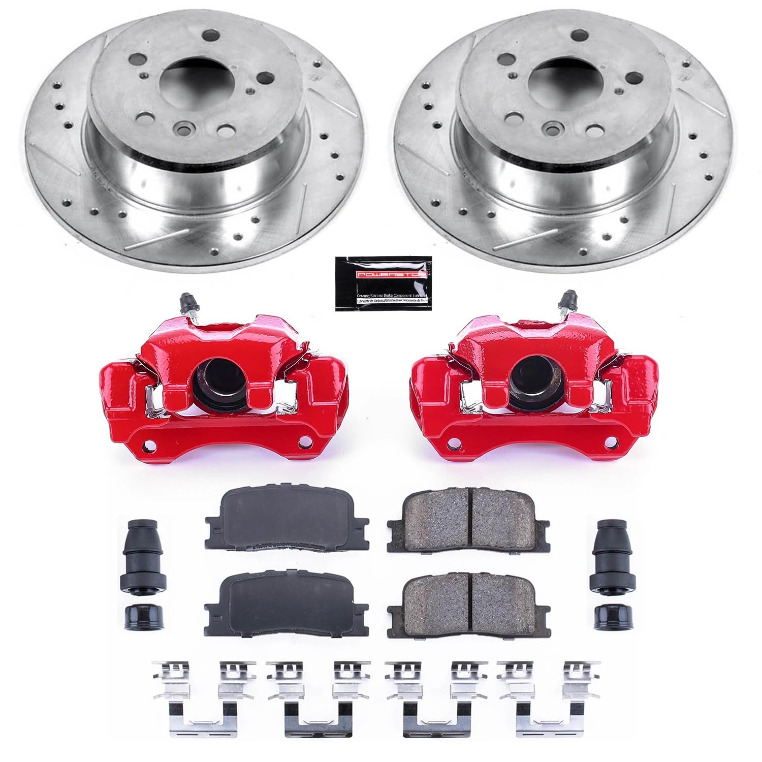 Power Stop Z23 Evolution Sport Rear Caliper Brake Kit-Drilled/Slotted Rotors, Carbon Ceramic Brake Pads, For Toyota Highlander Calipers 2001-2003 [Model Specific]