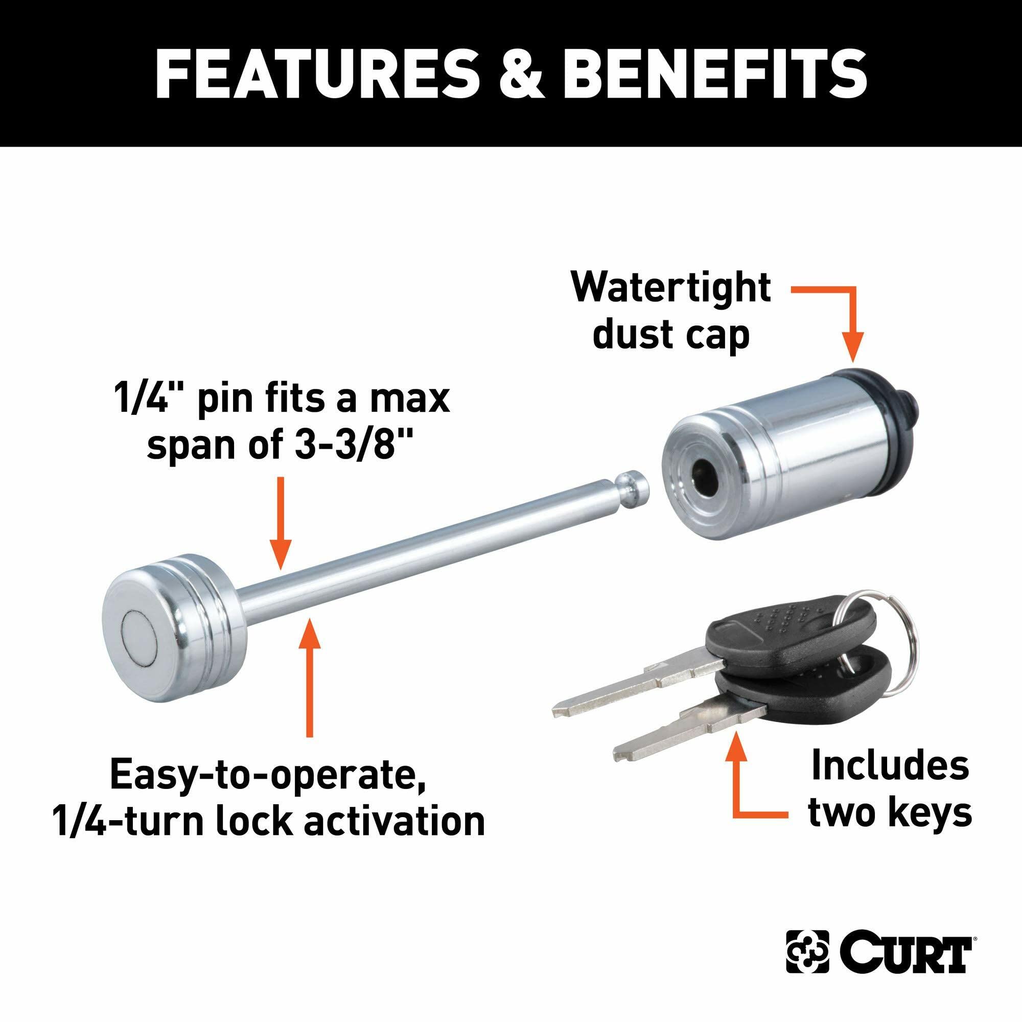 CURT Chrome Trailer Tongue Coupler Lock, 1/4-Inch Pin Diameter, Span Up to 3-3/8-Inch