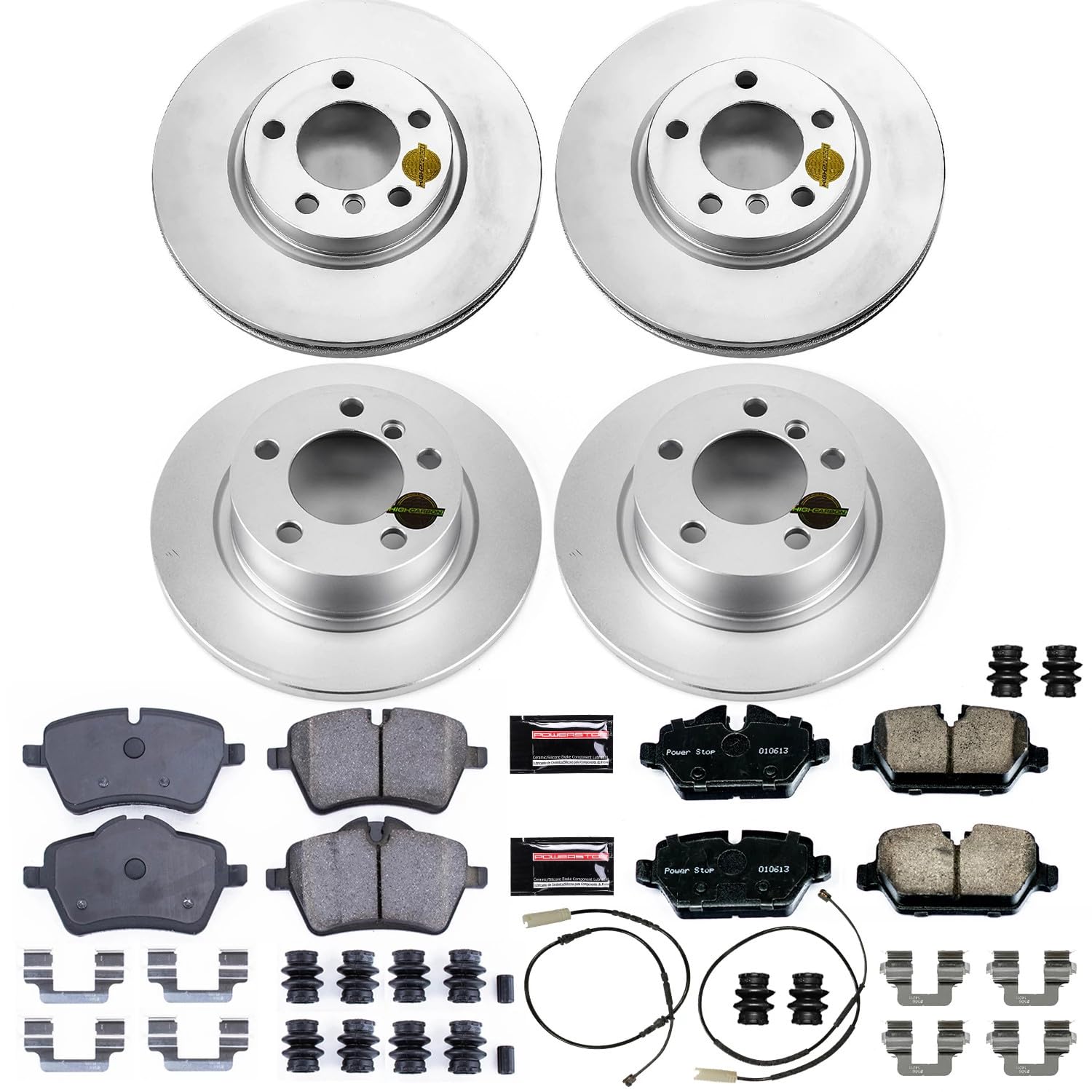 Power Stop Coated Brake Rotor CRK6666 and Ceramic Brake Pads- Front & Rear and 1 Front & 1 Rear Sensor Wires