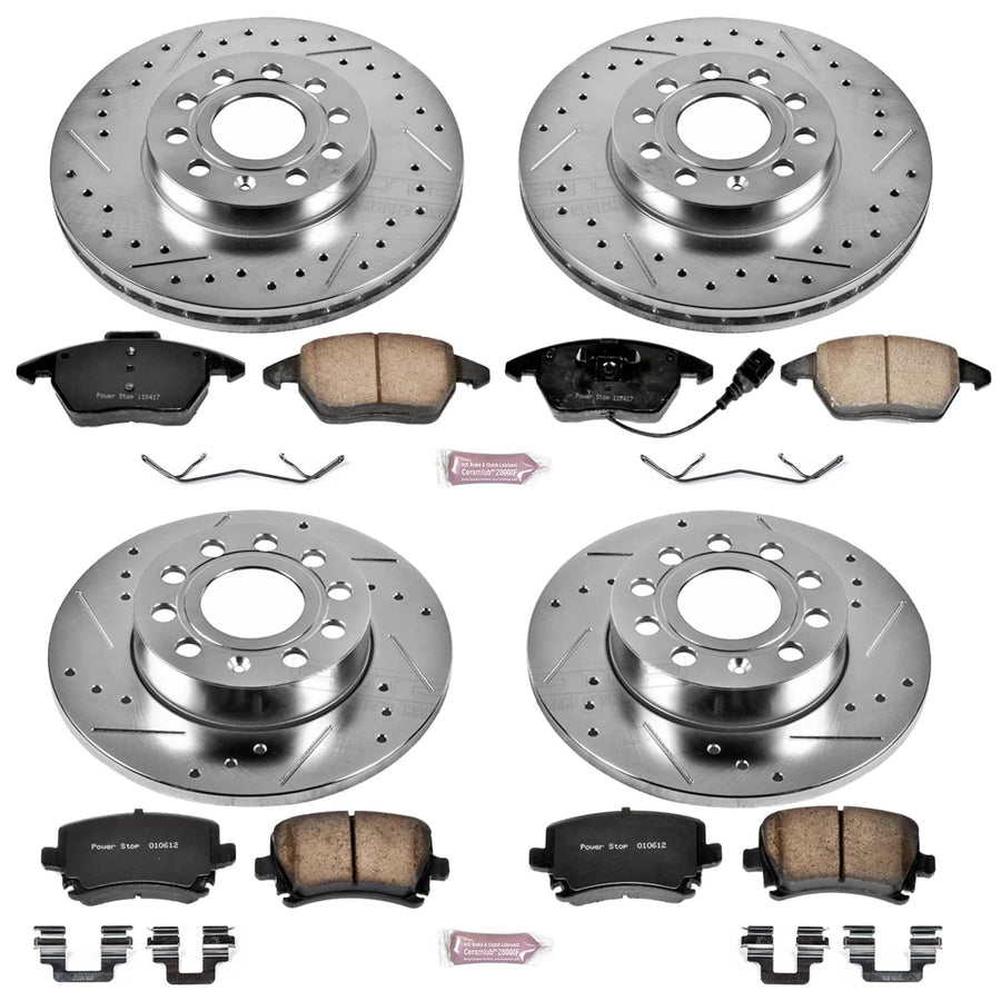 Power Stop K4068 Z23 Carbon Fiber Brake Pads Front and Rear with Drilled & Slotted Brake Rotors Kit For Volkswagen Jetta 2005-2010, Volkswagen Rabbit 2006-2009 [Model Specific]