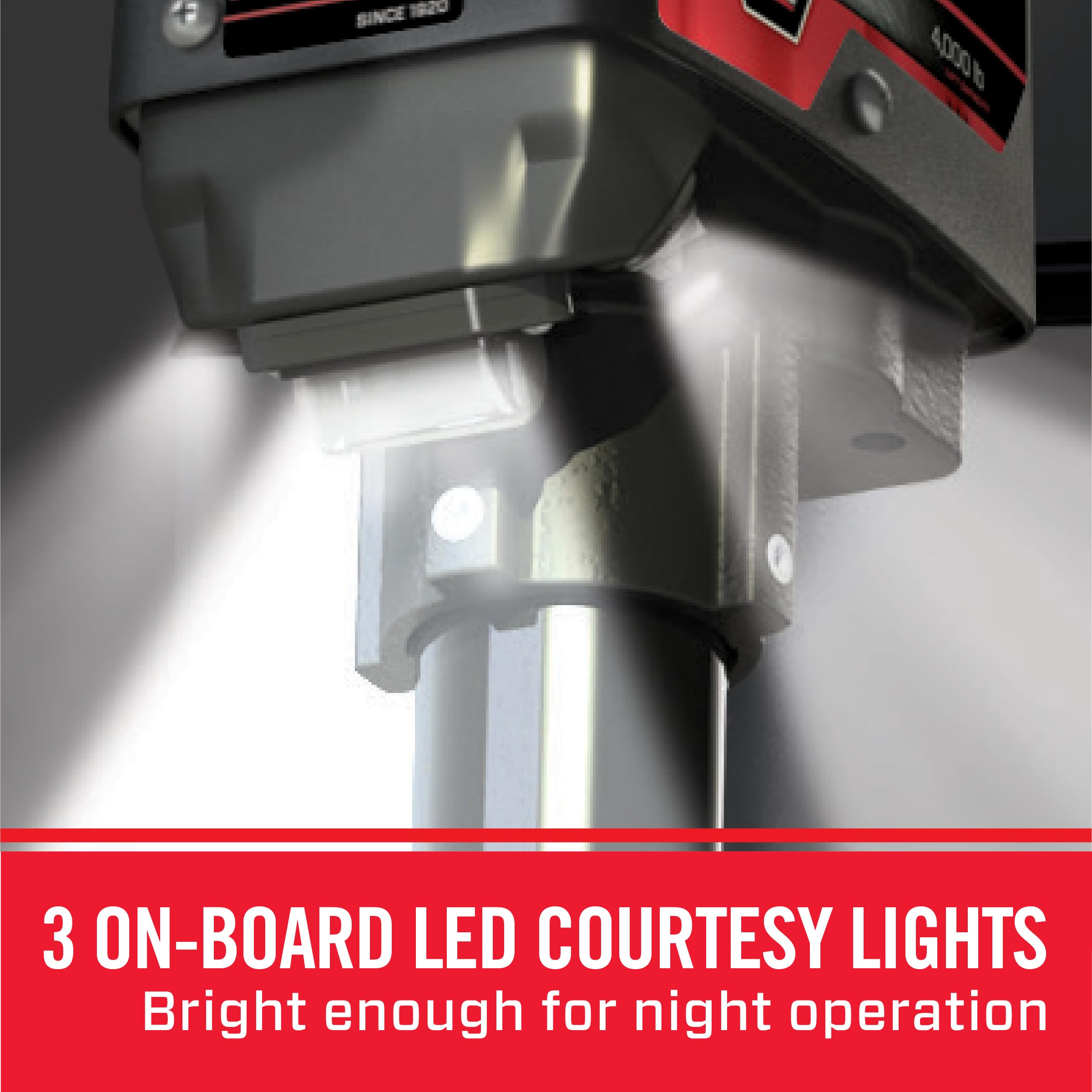 500199 Bulldog Powered Drive A-Frame Electric Trailer Jack for Boat Trailers, 4,000 lbs. Capacity, Power Tongue Jack with Spring Loaded Pull Pin for 22 Inches of Total Travel, 3 Onboard LED Lights