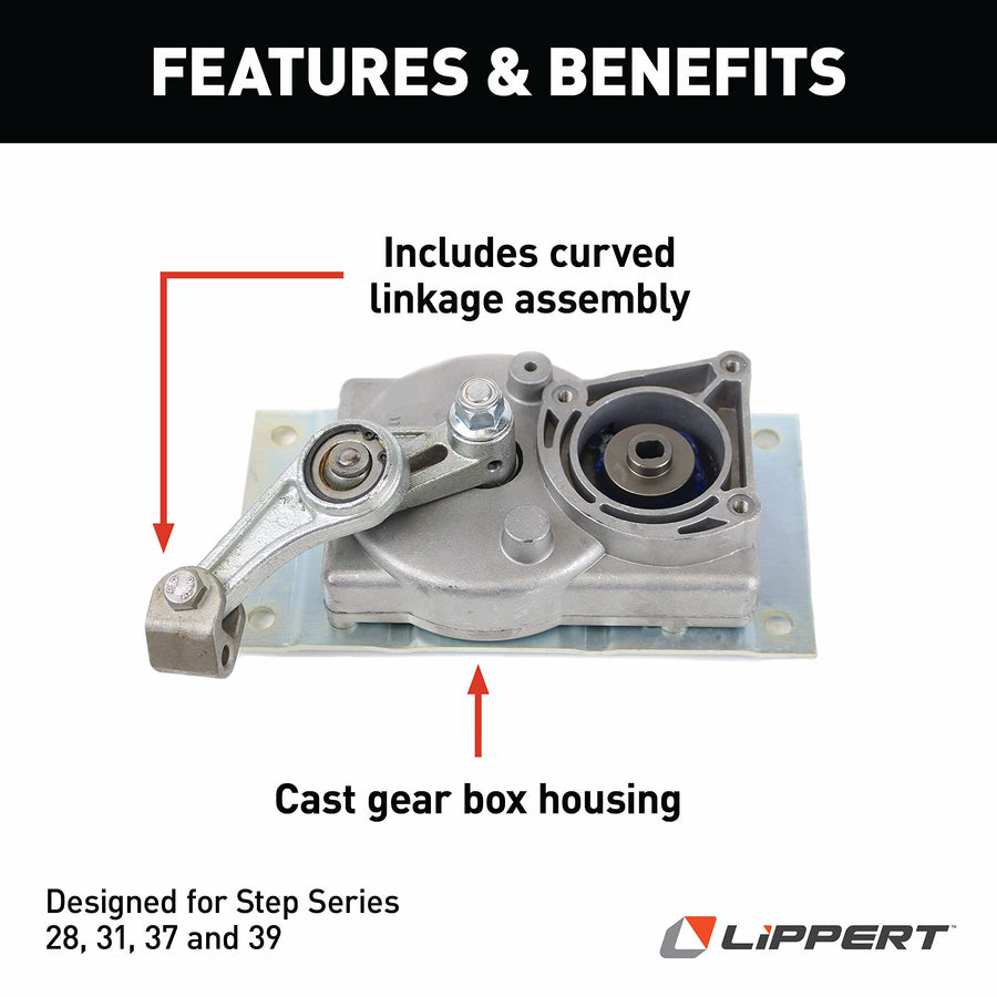 Kwikee Electric RV Step Gear Box Linkage Assembly Replacement with B for Step Series 28, 31, 37 and 39, Cast Housing, 8.25" x 3.36" x 4.25" - 1101426