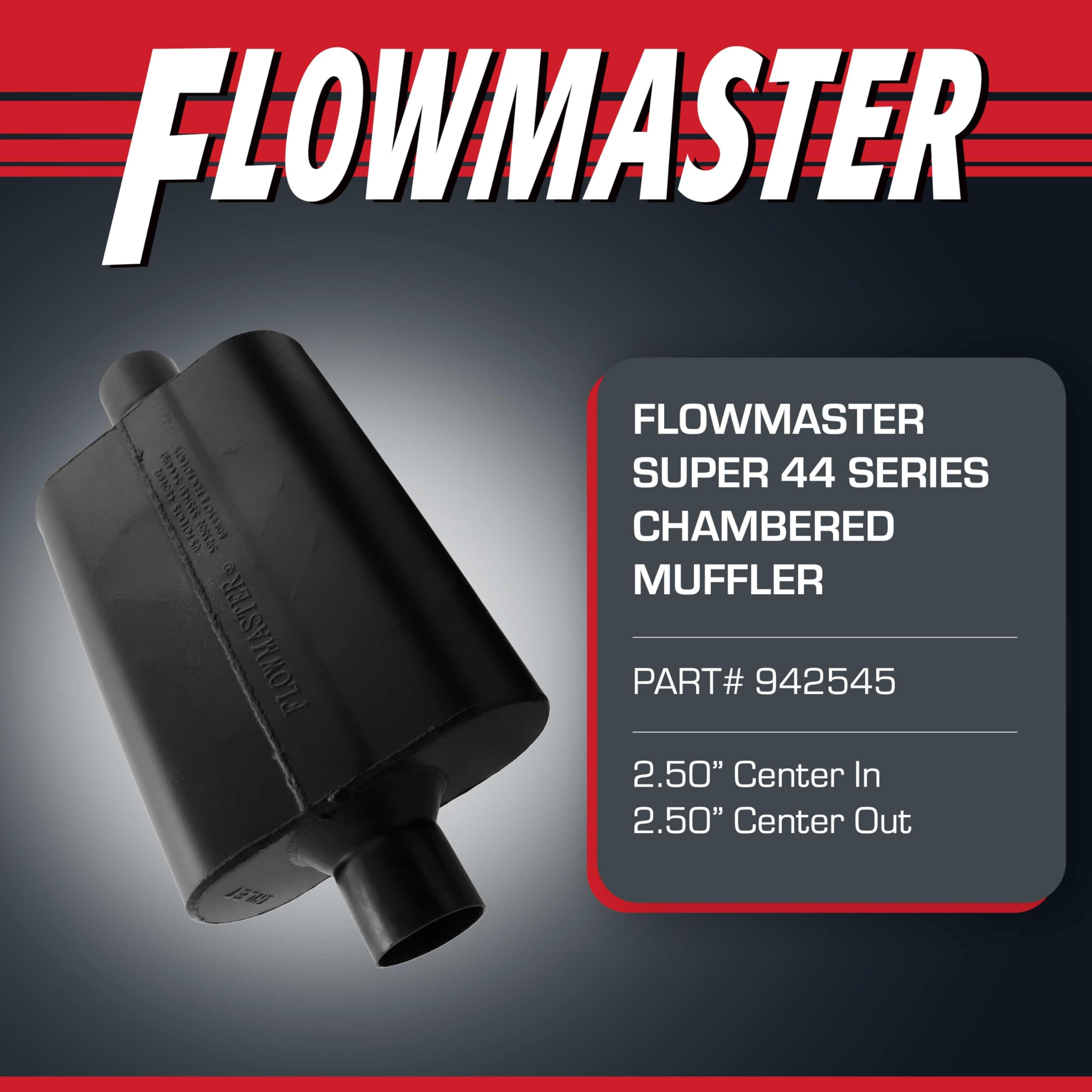 Flowmaster Super 44 Chambered Series Muffler – 2.50” - Center In/Center Out – Aggressive Sound – 16 Gauge Aluminized Steel – For Classic & Late Muscle Cars, Street Rods, Trucks, SUVs (942545)