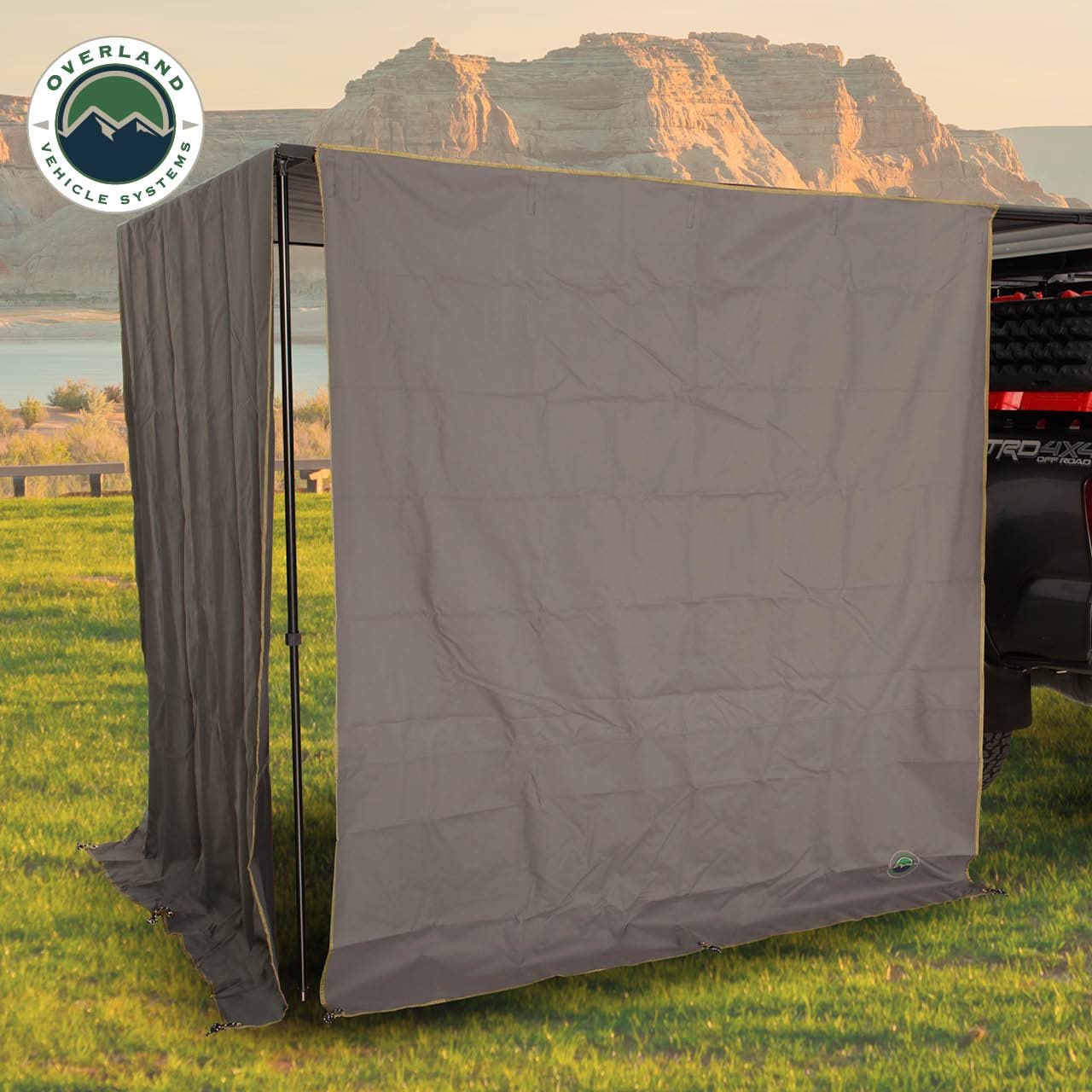 Nomadic Overland Vehicle Systems 6.5’ Awning Shade Wall - 280G Poly Cotton Rip Stop Grey Body, Green Trim - C Channel Attachment - Included Storage Bag