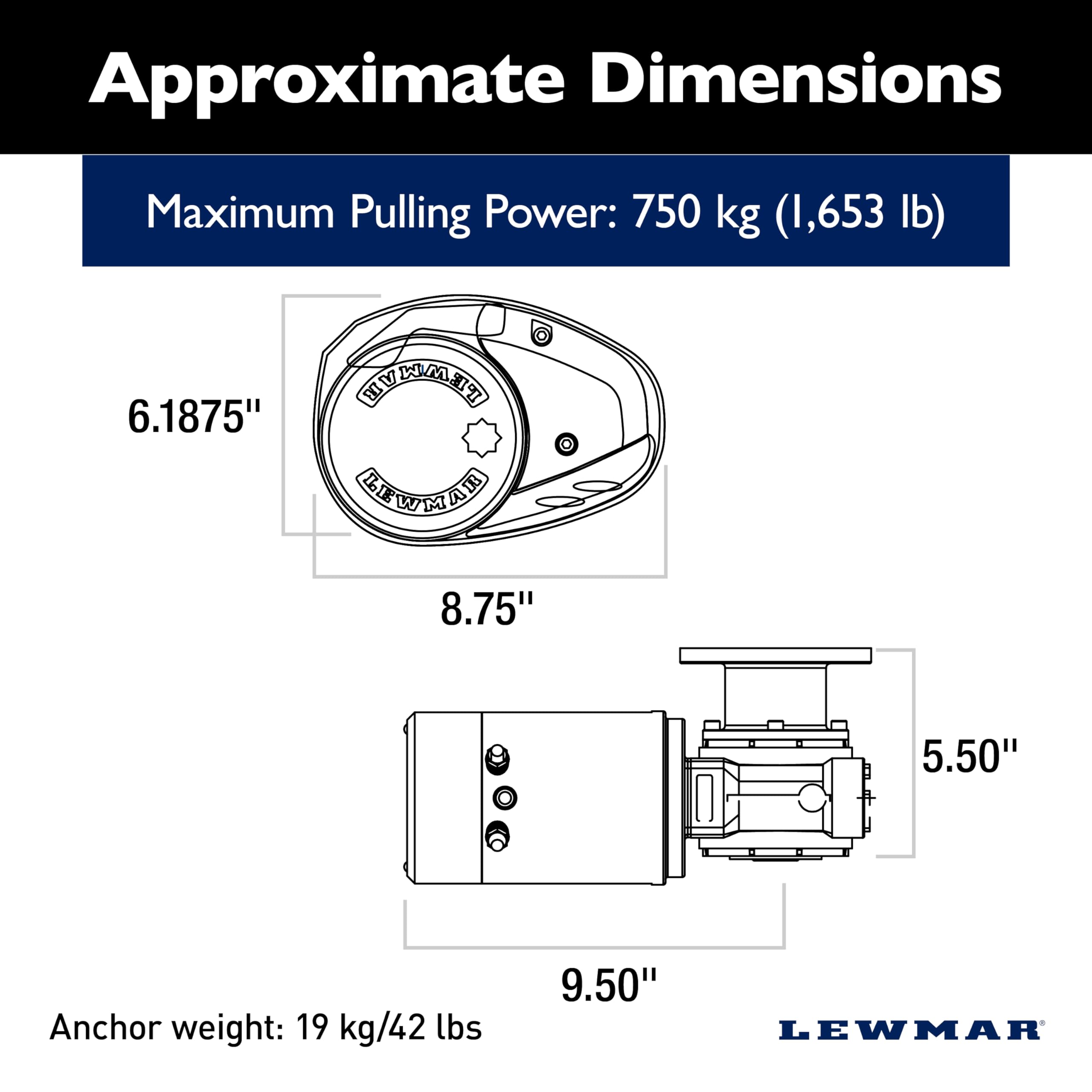 Lewmar 12V/700-Watt V1 (002) Only Gypsy for Electric Power/Sailboats 28'-40' with 1/4" G4 Chain, Max Pull 1,653 lbs. - 2020201184