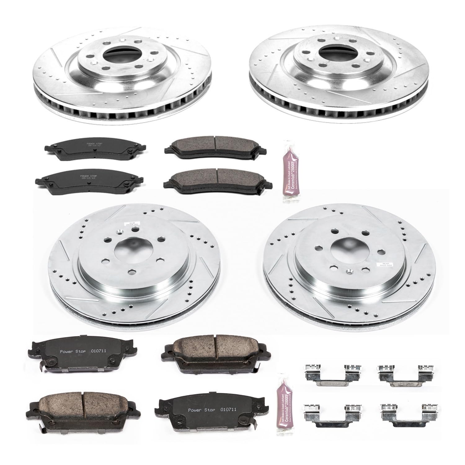 Power Stop K4014 Z23 Carbon Fiber Brake Pads Front and Rear with Drilled & Slotted Brake Rotors Kit For Cadillac SRX 2004-2009 [Model Specific]