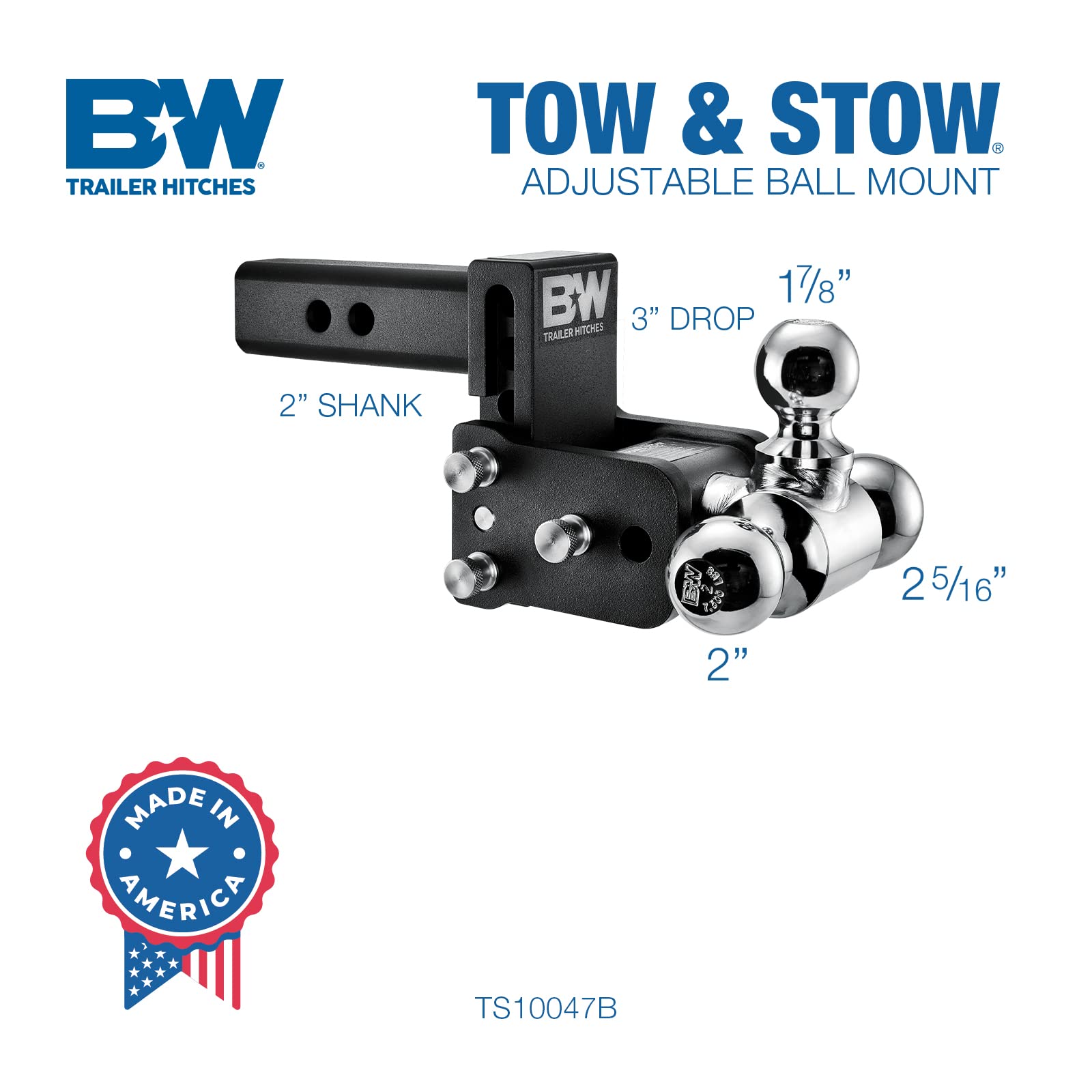 Tow & Stow B&W Trailer Hitches Adjustable Trailer Hitch Ball Mount - Fits 2" Receiver, Tri-Ball (1-7/8" x 2" x 2-5/16"), 3" Drop, 10,000 GTW - TS10047B