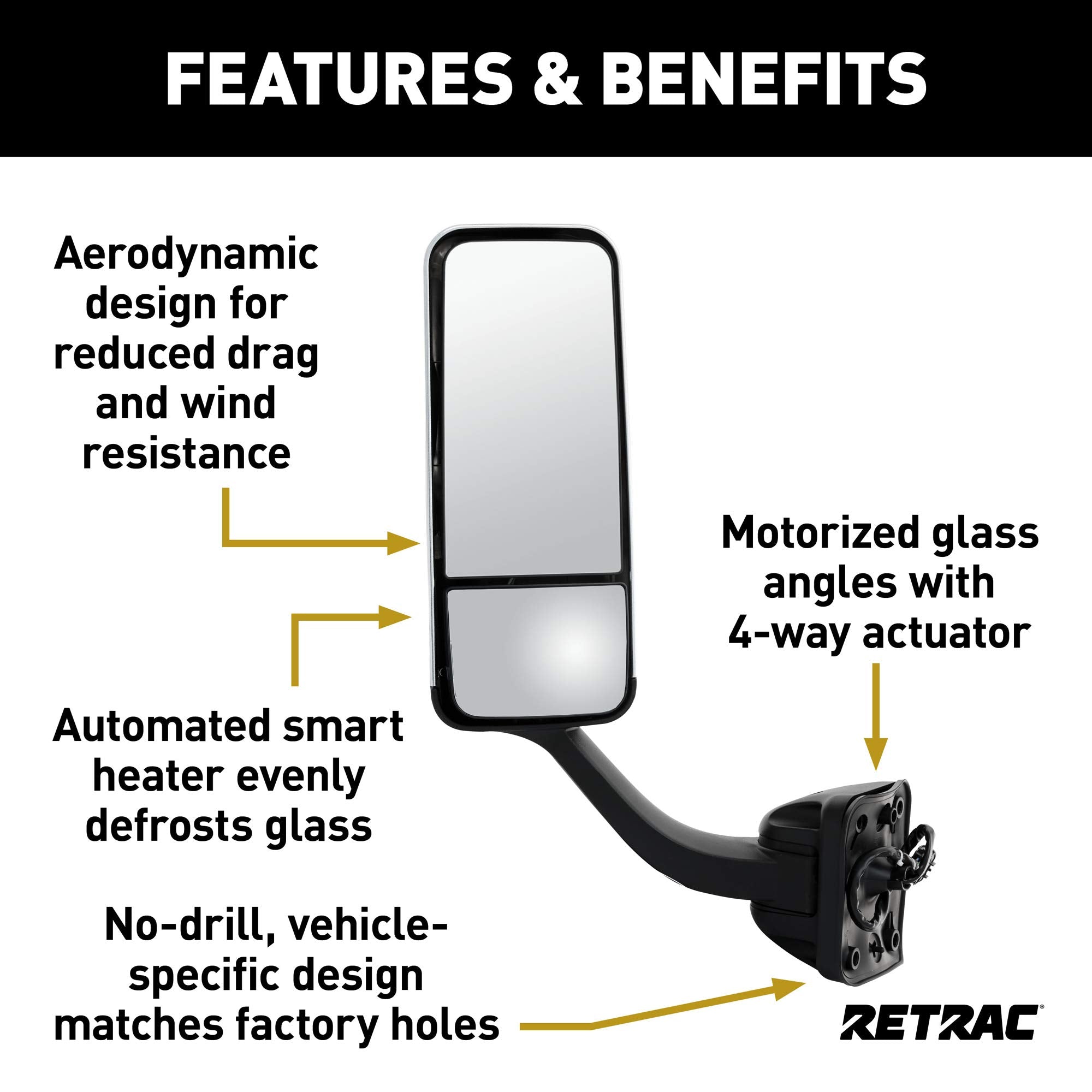7 x 18-Inch RETRAC Motorized Dual-Vision Heated Driver-Side Pedestal-Mount West Coast Mirror Assembly, Black ABS Plastic