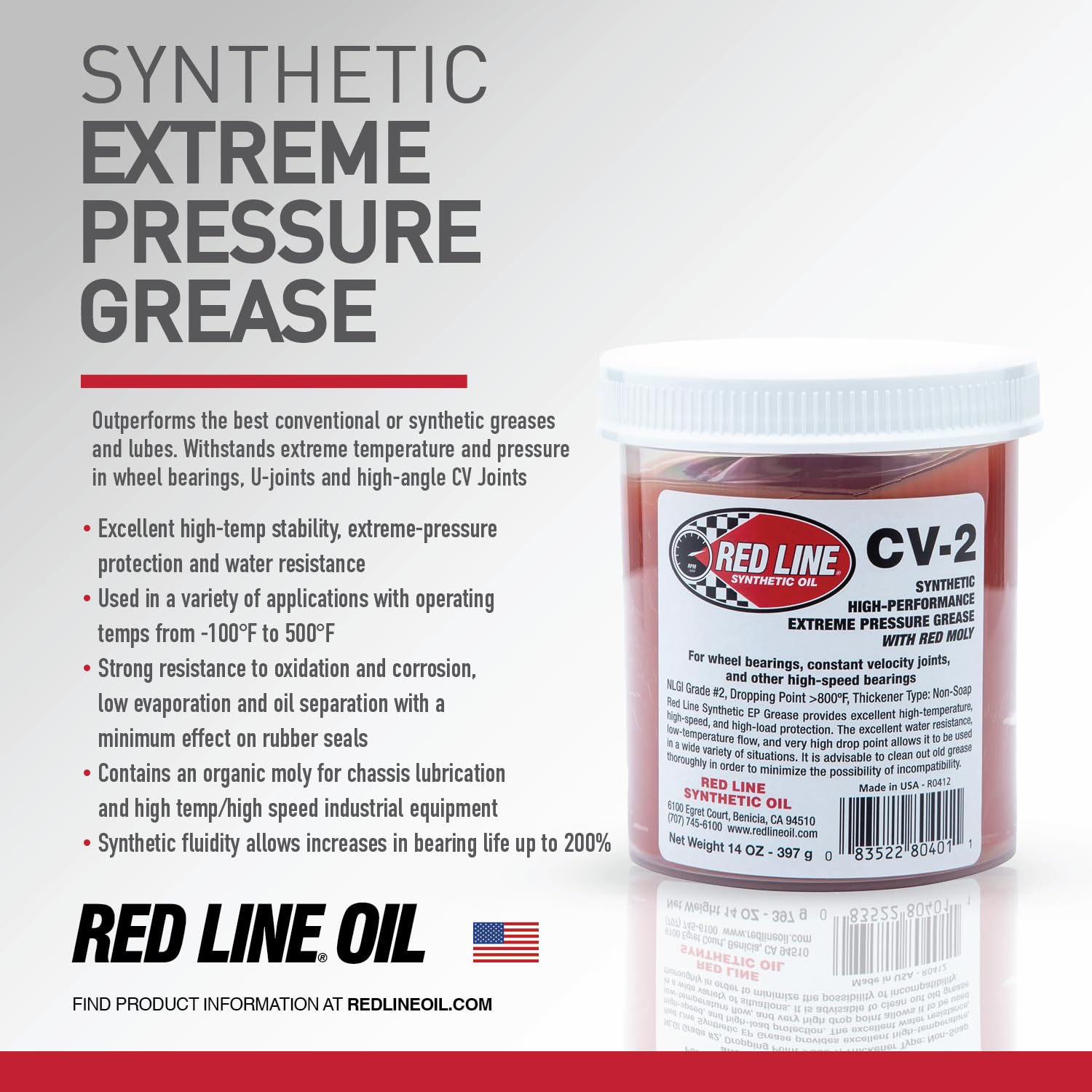 Red Line High Performance 80401 CV-2 Synthetic Grease Cartridge with Red Moly - 14 Ounce Jar
