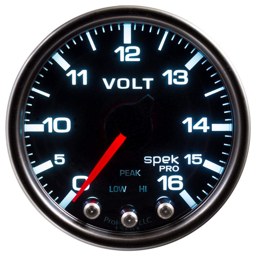 Auto Meter P34452 Voltmeter Gauge (Spek-Pro 2 1/16", 16V, Stepper Motorwith Peak & Warn, Blk/Smoke/Blk, Spek-Pro)