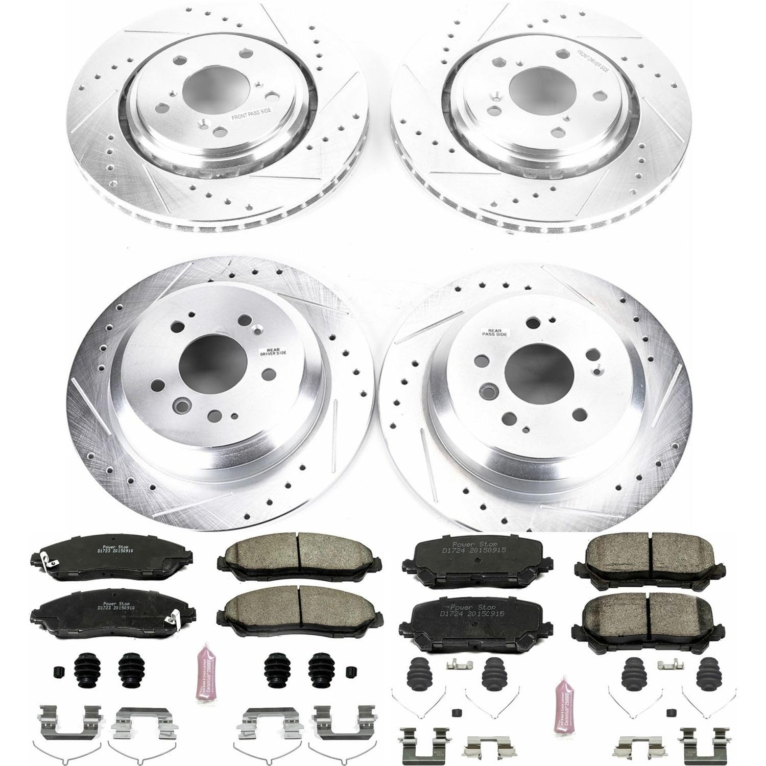 Power Stop Brake Kit Front and Rear For 2016 2017 2018 2019 2020 2021 2022 Honda Pilot | 2017-2022 Honda Ridgeline, Carbon Fiber Brake Padswith Drilled and Slotted Disc Rotors, K7576