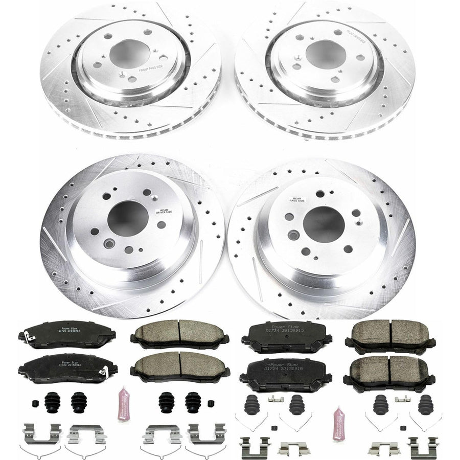 Power Stop Brake Kit Front and Rear For 2016 2017 2018 2019 2020 2021 2022 Honda Pilot | 2017-2022 Honda Ridgeline, Carbon Fiber Brake Padswith Drilled and Slotted Disc Rotors, K7576