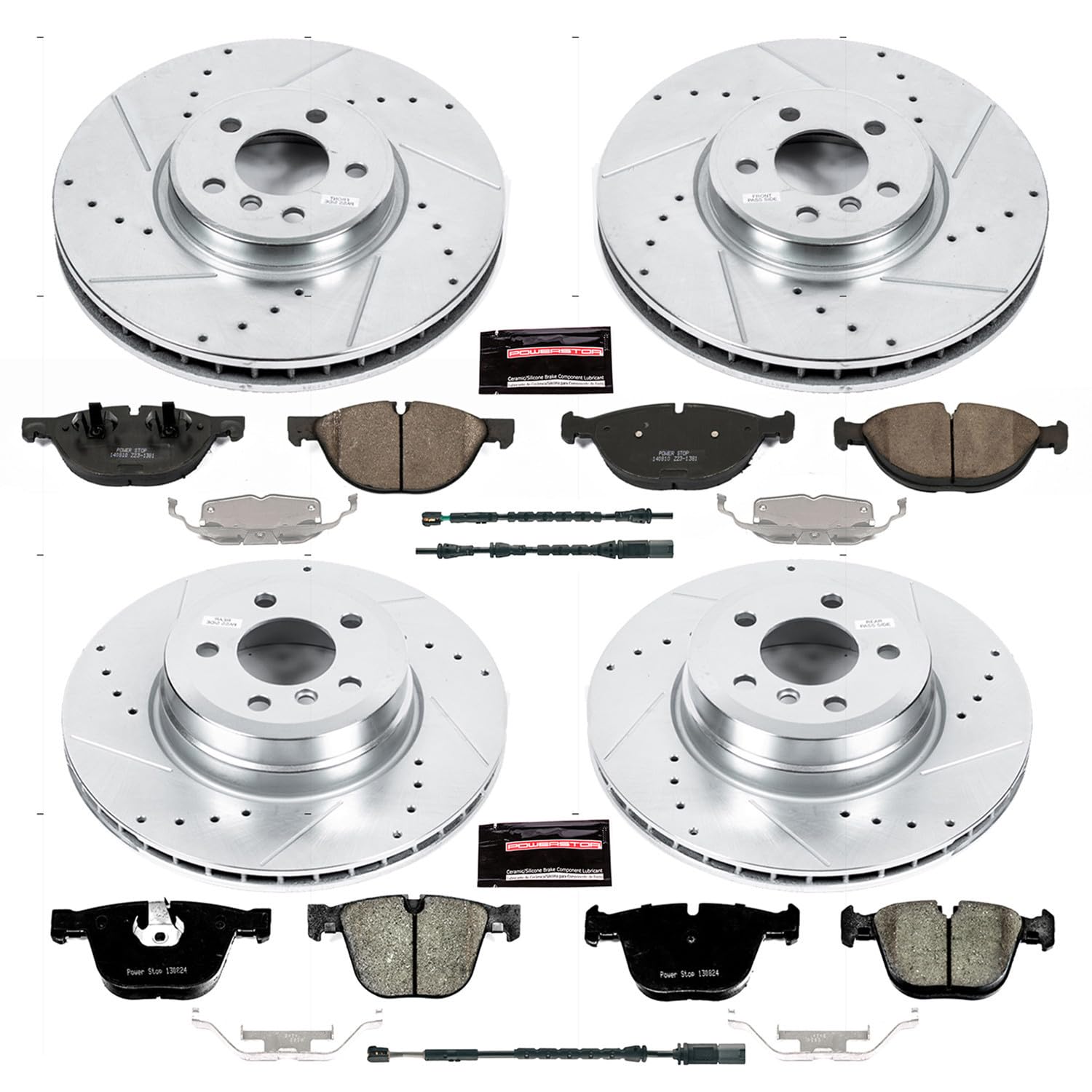 Power Stop K7432 Z23 Carbon Fiber Brake Pads Front and Rear with Drilled & Slotted Brake Rotors Kit and 1 Front & 1 Rear Sensor Wires