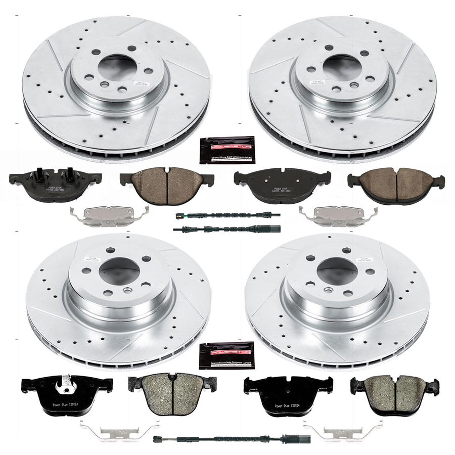 Power Stop K7432 Z23 Carbon Fiber Brake Pads Front and Rear with Drilled & Slotted Brake Rotors Kit and 1 Front & 1 Rear Sensor Wires