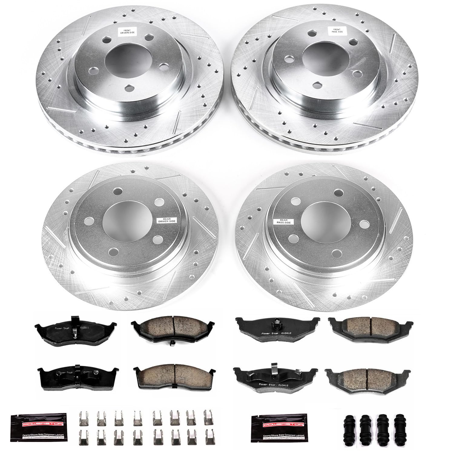 Power Stop K1693 Z23 Carbon Fiber Brake Pads Front and Rear with Drilled & Slotted Brake Rotors Kit For Chrysler 300M 1999-2004, Chrysler LHS 1999-2000 [Model Specific]