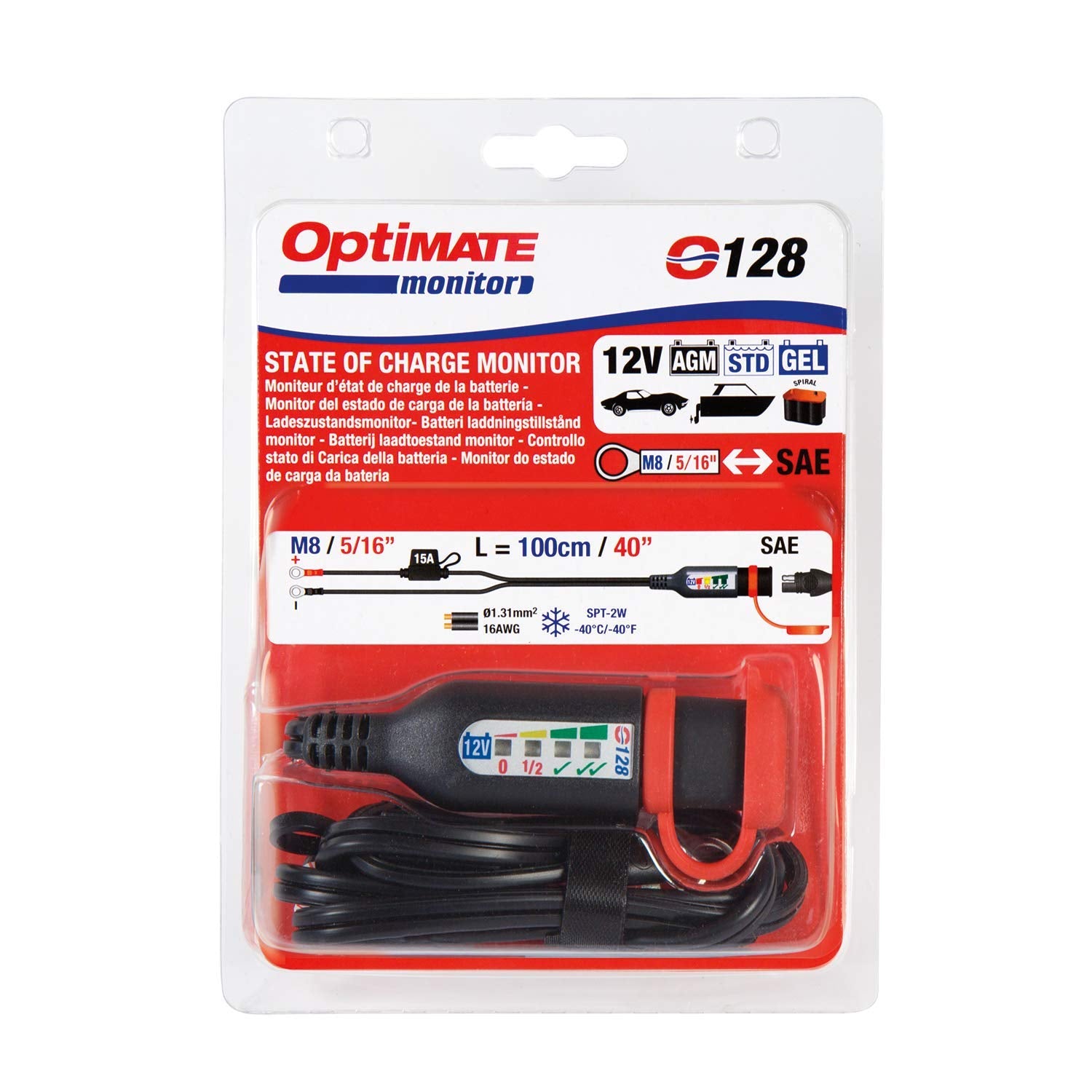 MONITOR OptiMATE O-128, Permanent battery lead with integrated battery status/charge system monitor for 12V lead-acid