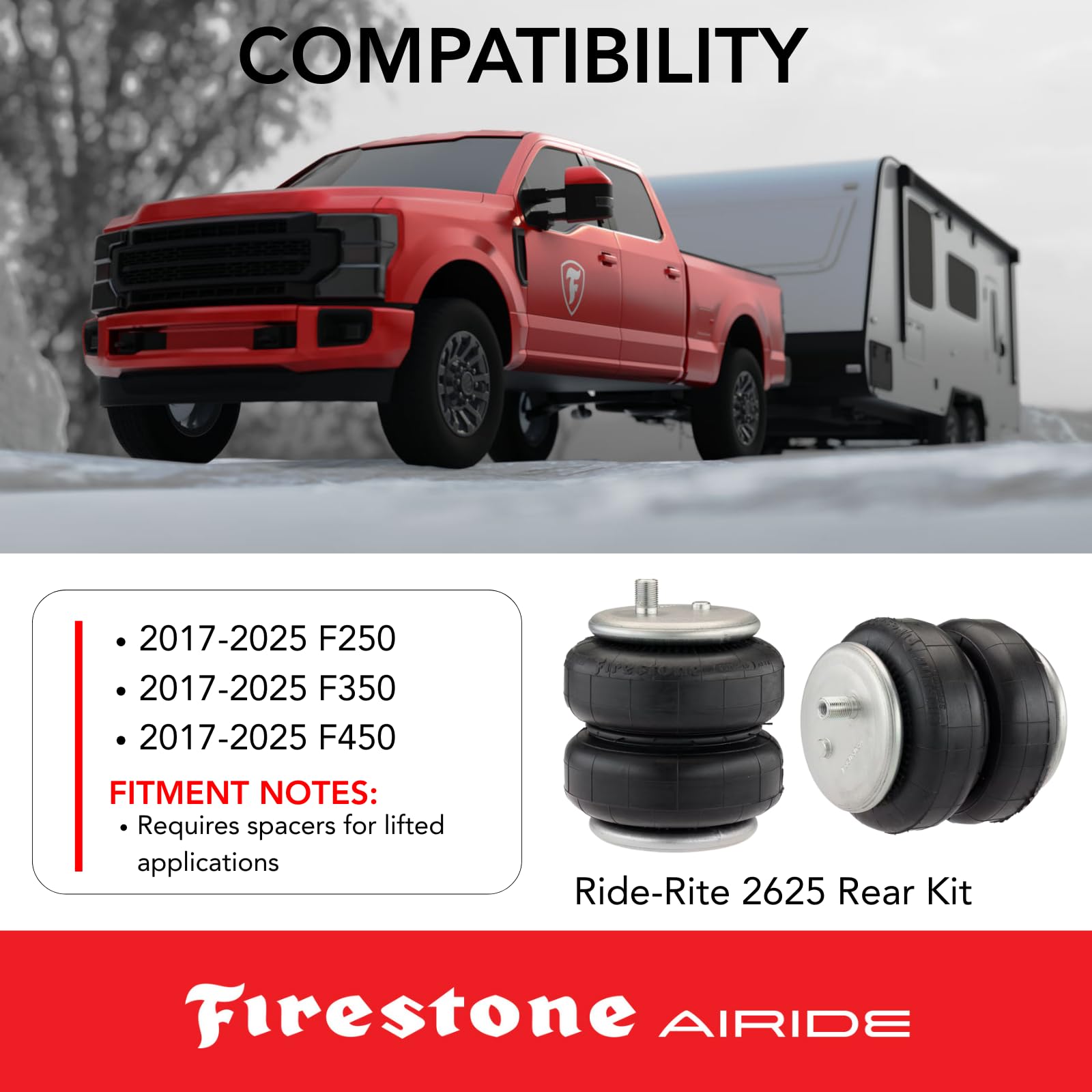 Firestone 2625 Airide Rear Spring Kit fits 2017-2025 F250 F350 4WD | Load Capacity of 5,000 Pounds | Absorbs Road Shock | Decreases Interleaf Friction | Reduce Tire Wear | 5-100 PSI