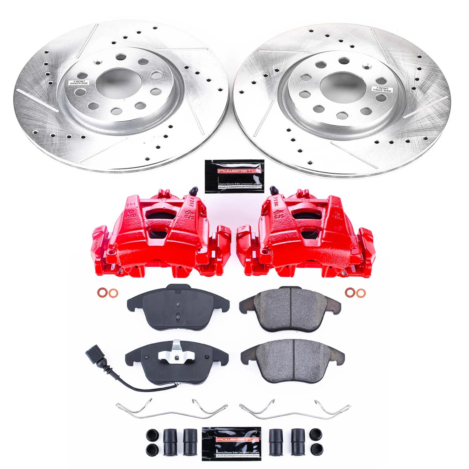 Power Stop Z23 KC2963 Sport Front Caliper Brake Kit-Drilled/Slotted Rotors, Carbon Ceramic Brake Pads, Calipers For Audi Q3, Audi Q3 Quattro, VW Passat, VW Tiguan, VW Tiguan Limited [Model Specific]