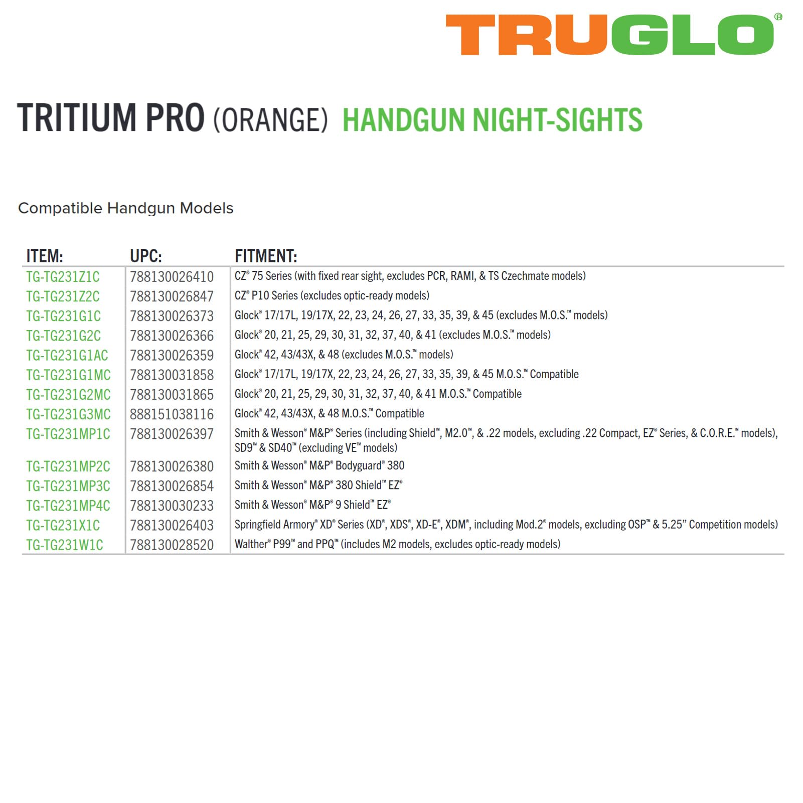 Tritium Pro TRUGLO Glow-in-the-Dark Handgun Night Sights for Walther Pistols, Walther P99 and PPQ (Orange Rear Sight)