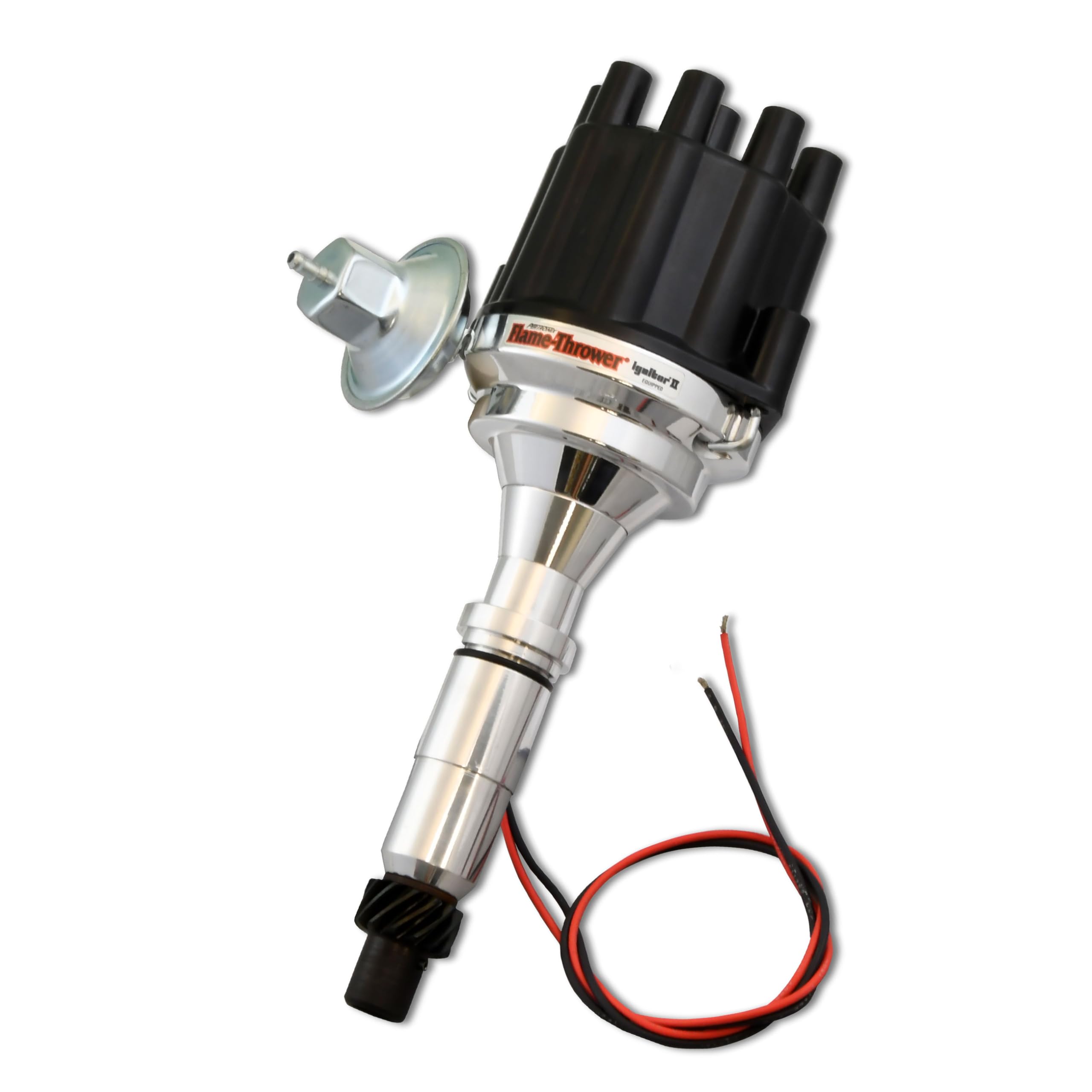 FLAME-THROWER PERTRONIX BILLET DISTRIBUTOR WITH IGNITOR II ELECTRONICS FOR BUICK NAILHEAD ENGINE. VACUUM ADVANCE WITH BLACK FEMALE STYLE CAP.