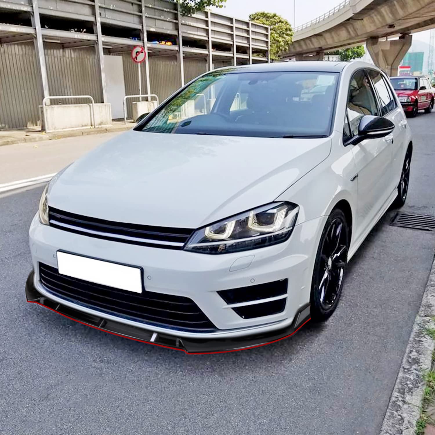 Glossy Black Spec-D Tuning Red Trim Front Bumper Lip Spoiler Kit 3PC Compatible with Volkswagen Golf 2014-2017