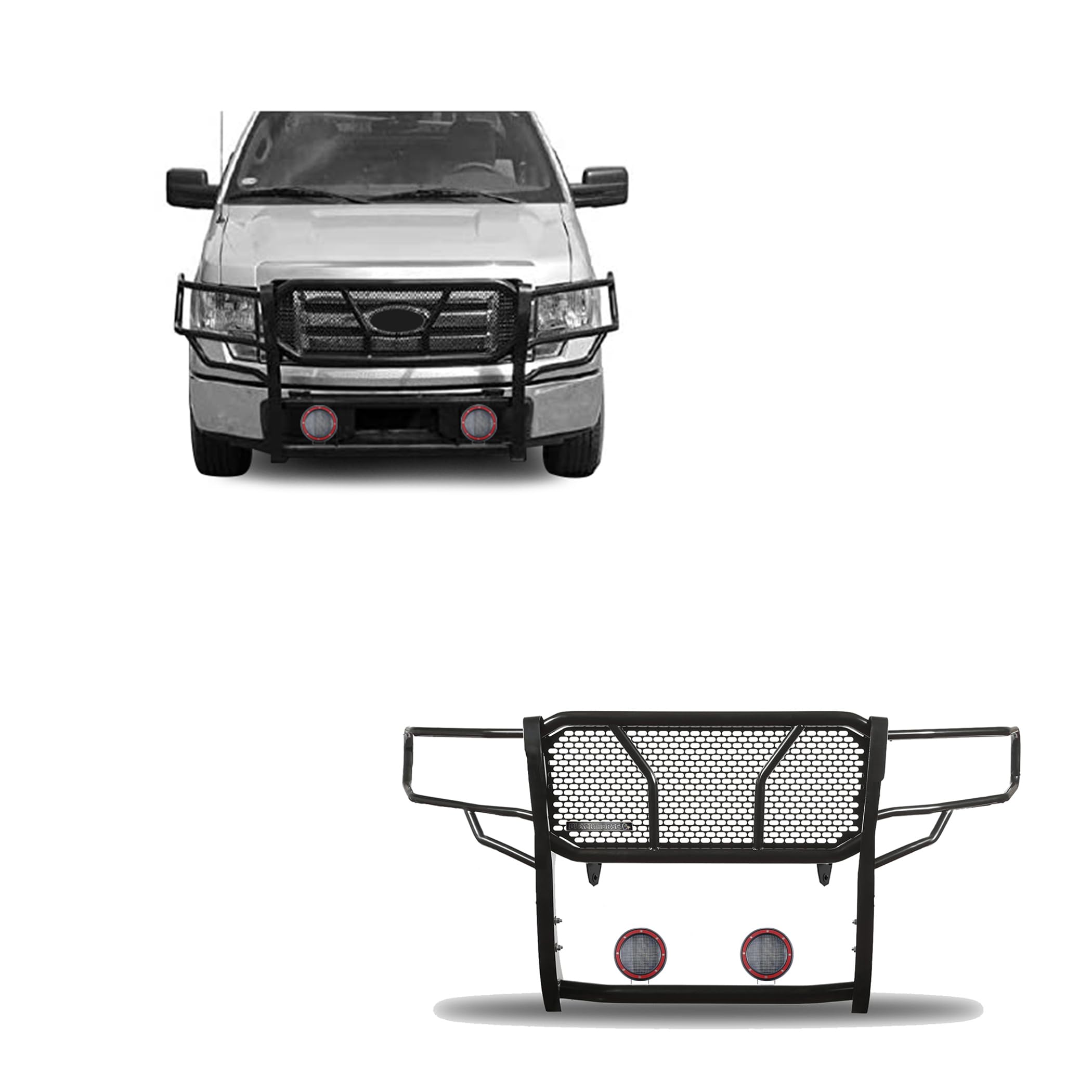 Heavy Duty Black Horse Rugged Grille Brush Bumper Guard Modular Black Come with Pair of 5.3" Dia.LED Lights with Red Trim Rings Compatible with 2009-2014 Ford F-150-RU-FOF109-B-PLFR