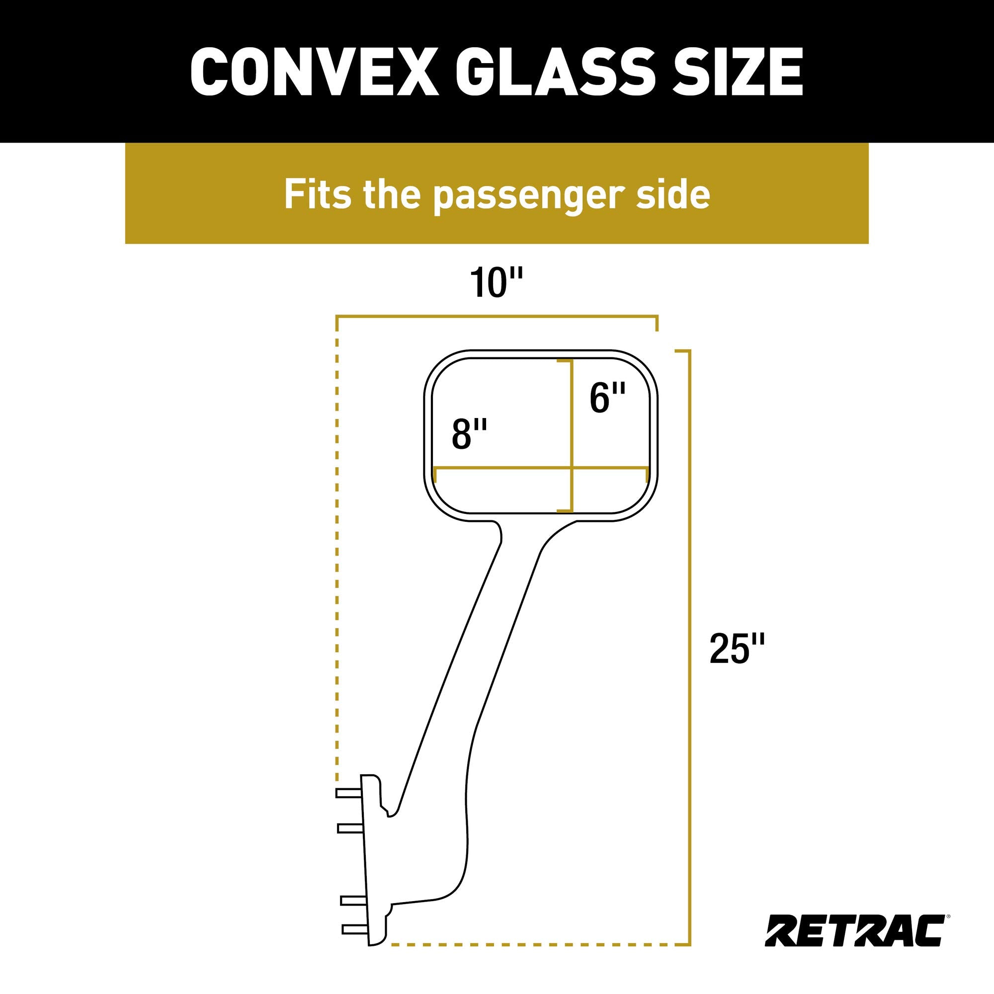 8 x 6-Inch Retrac Pedestal-Mount Passenger-Side Convex Mirror Assembly, Black ABS Plastic
