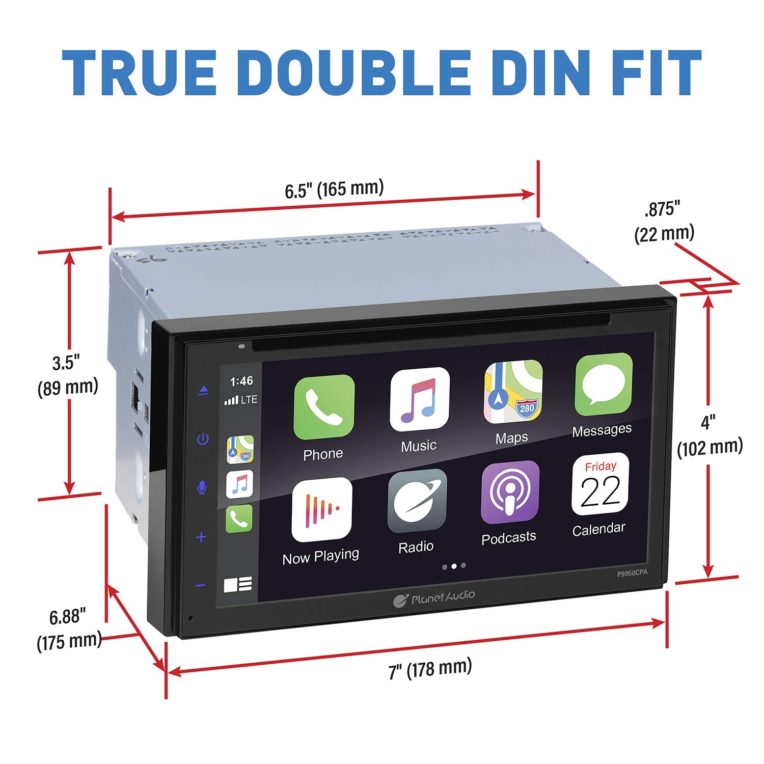 Apple Carplay Planet Audio P9950CPA Android Auto Car Multimedia Player - Double-Din, 6.75 Inch LCD Touchscreen, Bluetooth, MP3-DVD-CD-USB-Aux in, Am/FM Car Radio, Multi Color Illumination