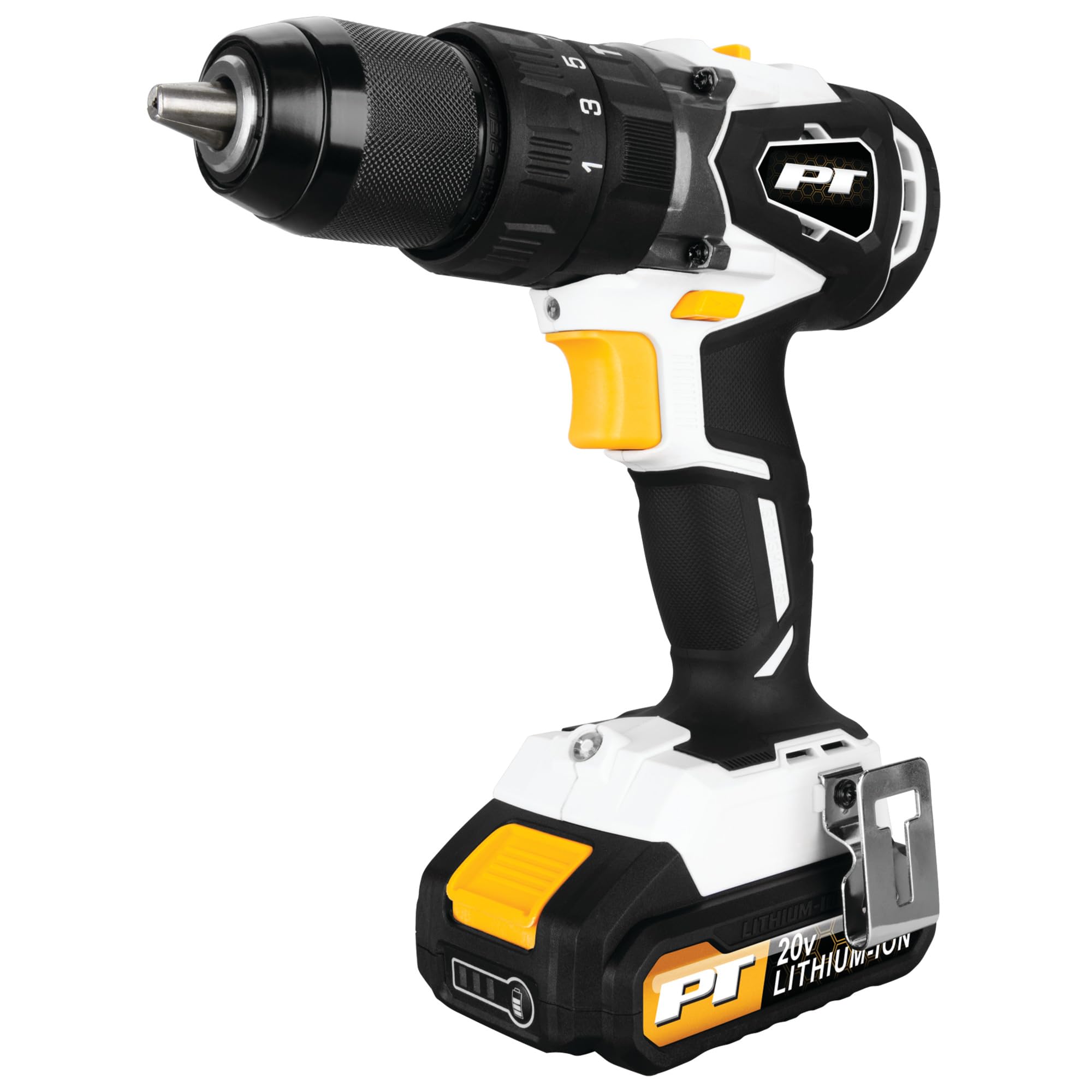 20V Li-Ion Performance Tool W7722 1/2-in Brushless Hammer Drill: 708 in-lb Torque, 2-Speed, Keyless Chuck, 20V, USB-C Quick Charge, Built-In Hook, Storage Case, Black/White