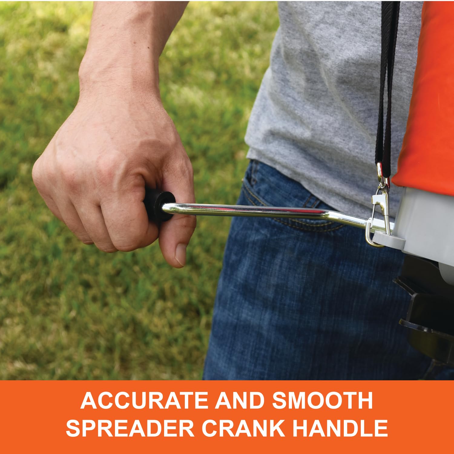 25 lb. Agri-Fab Handheld Bag Seeder Spreader with Waterproof Bag, Enclosed Gears, Adjustable Shoulder Strap, Rear Baffle, Orange