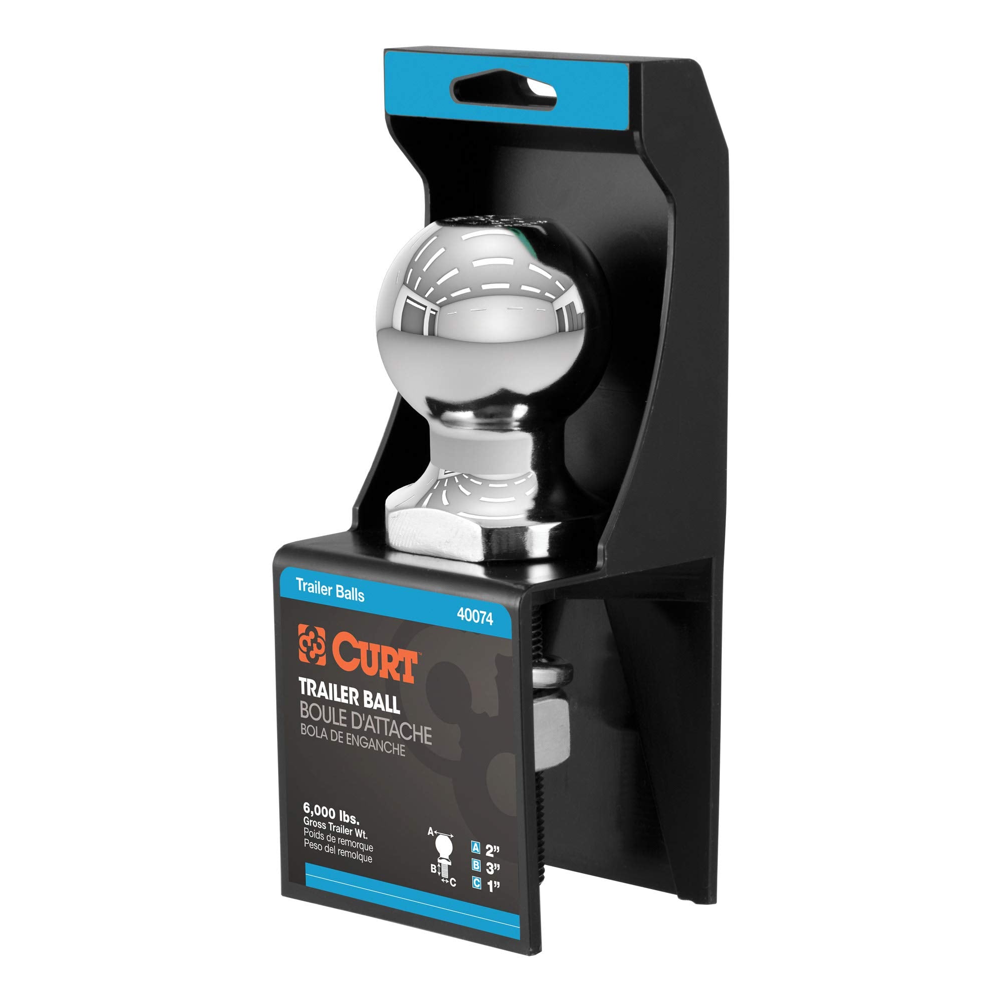 CURT 40074 Trailer Hitch Ball Chrome, 6,000 lbs, 2-Inch Diameter, 1 x 3-Inch Shank