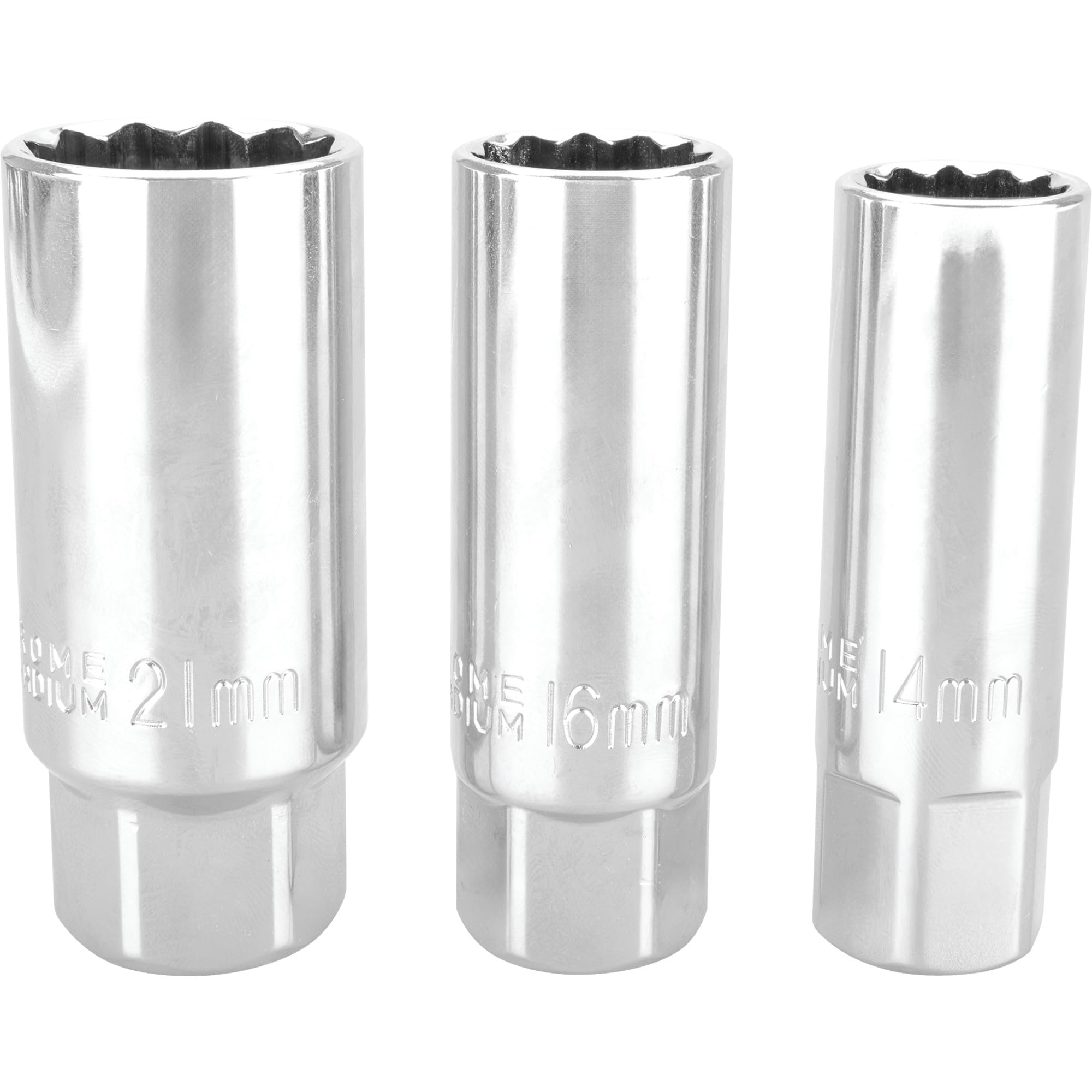 3-Piece Performance Tool W38174 Detent Ball Spark Plug Socket Set, Rubber Free, Chrome Vanadium Nickel Finish, Wrench-Ready Socket End, Includes 3/8-in. 14, 16, and 21mm Sockets