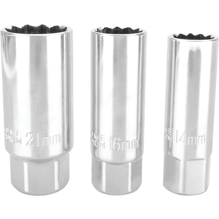 3-Piece Performance Tool W38174 Detent Ball Spark Plug Socket Set, Rubber Free, Chrome Vanadium Nickel Finish, Wrench-Ready Socket End, Includes 3/8-in. 14, 16, and 21mm Sockets