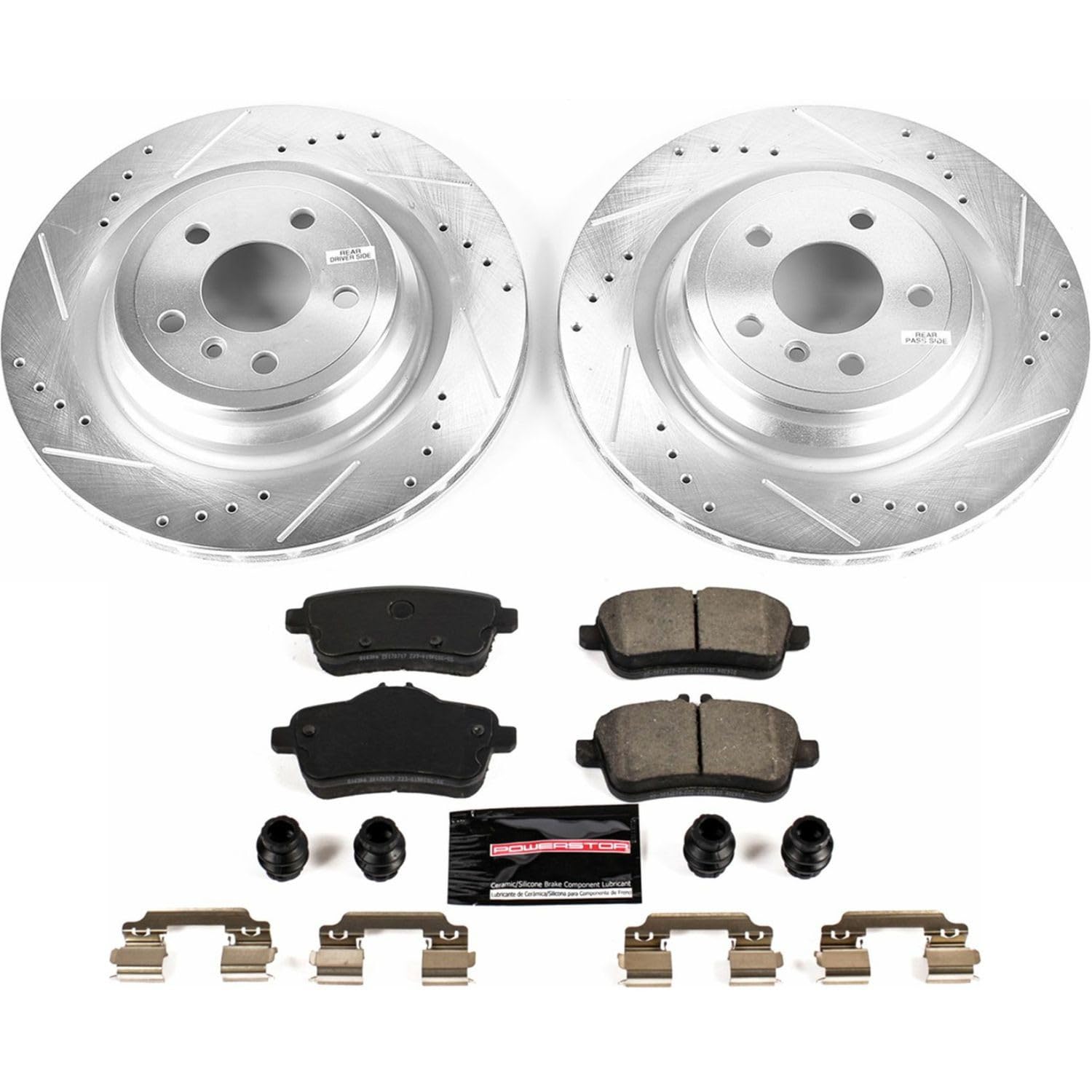 Power Stop K7438 Z23 Rear Carbon Fiber Brake Pads with Drilled & Slotted Brake Rotors Kit and 1 Rear Sensor Wire