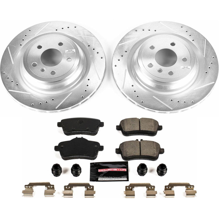 Power Stop K7438 Z23 Rear Carbon Fiber Brake Pads with Drilled & Slotted Brake Rotors Kit and 1 Rear Sensor Wire