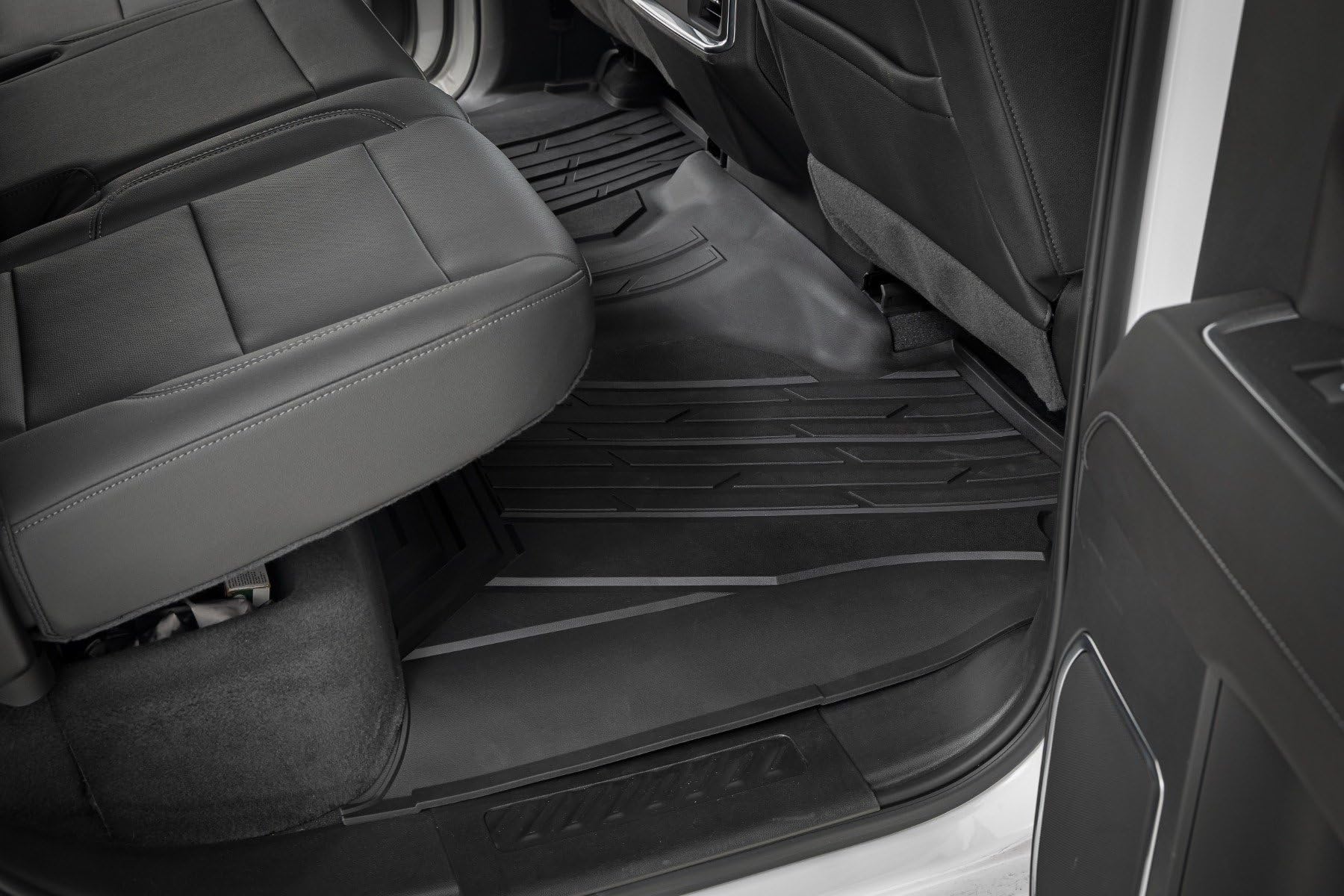 Flex-Fit Rough Country Floor Mats for Chevy Silverado & GMC Sierra 1500/2500HD/3500HD (2019-2026) Crew Cab - Front & Rear Set, All-Weather Non-Slip TPE Liners w/Spill Saver Lip