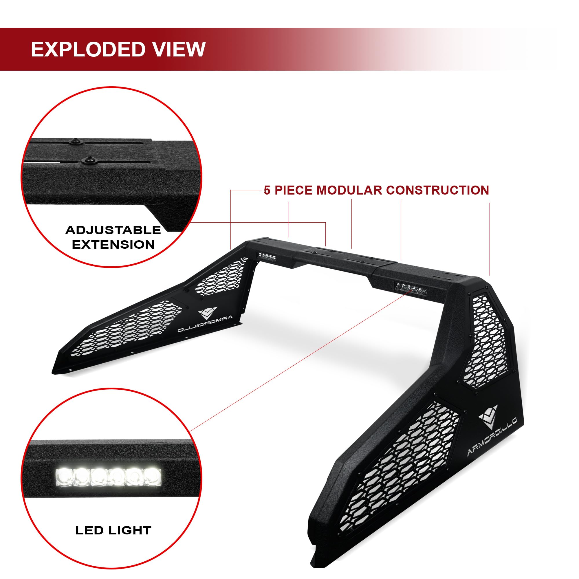 Armordillo CRS Chase Rack Roll Bar For 1/2 Ton Full Size Trucks|2x LED Light Lamps|04-24 F150 F-150|07-18 Silverado Sierra 1500|07-24 Tundra|04-24 Titan|19-24 Ram 1500|CR-S Mesh 8707814 Textured Black